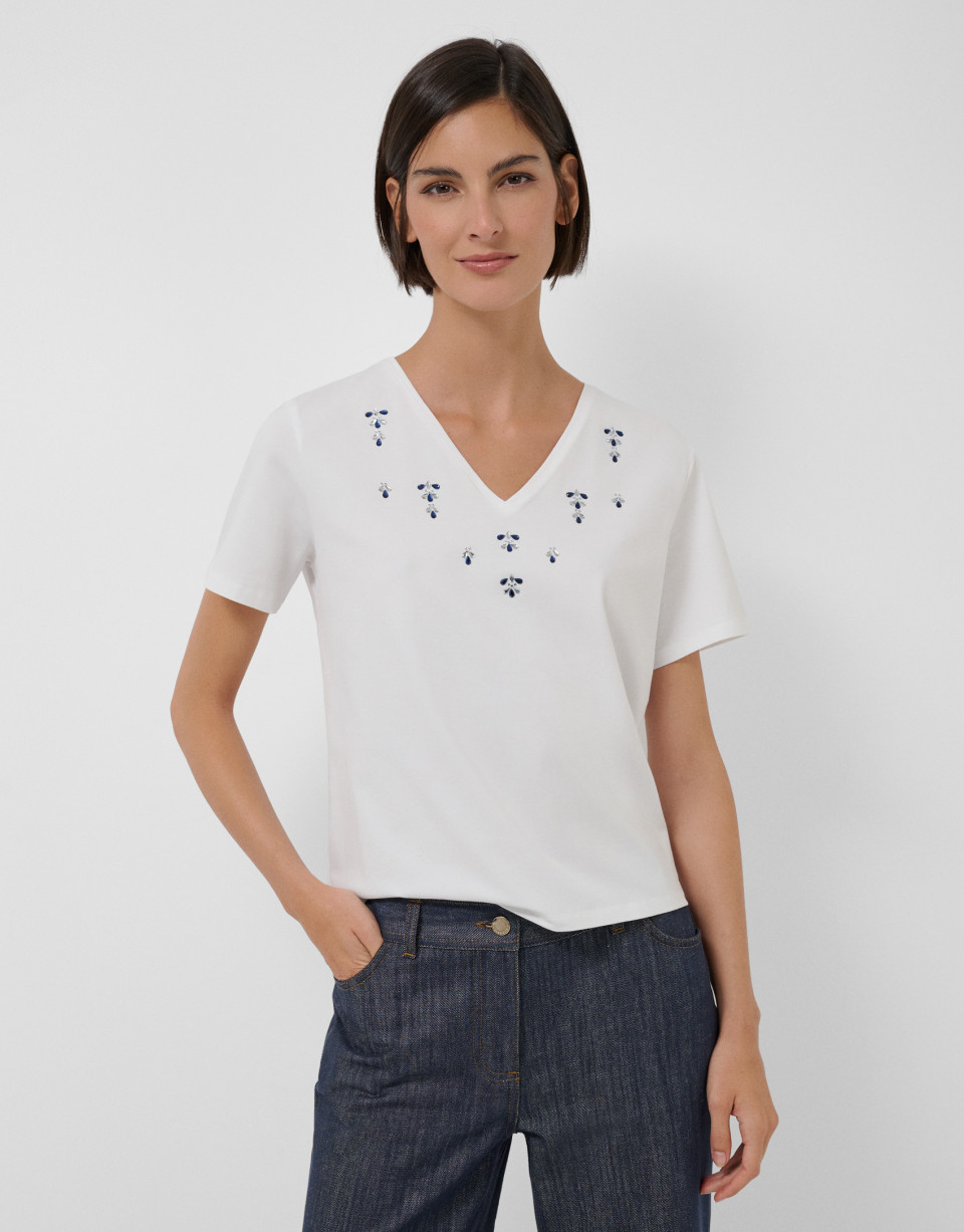 White cotton V-neck t-shirt with rhinestones | Roberto Verino
