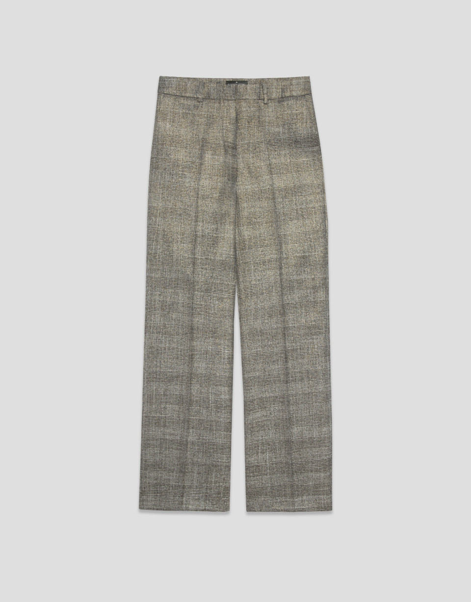 Straight brown Welsh check trousers with gold... | Roberto Verino