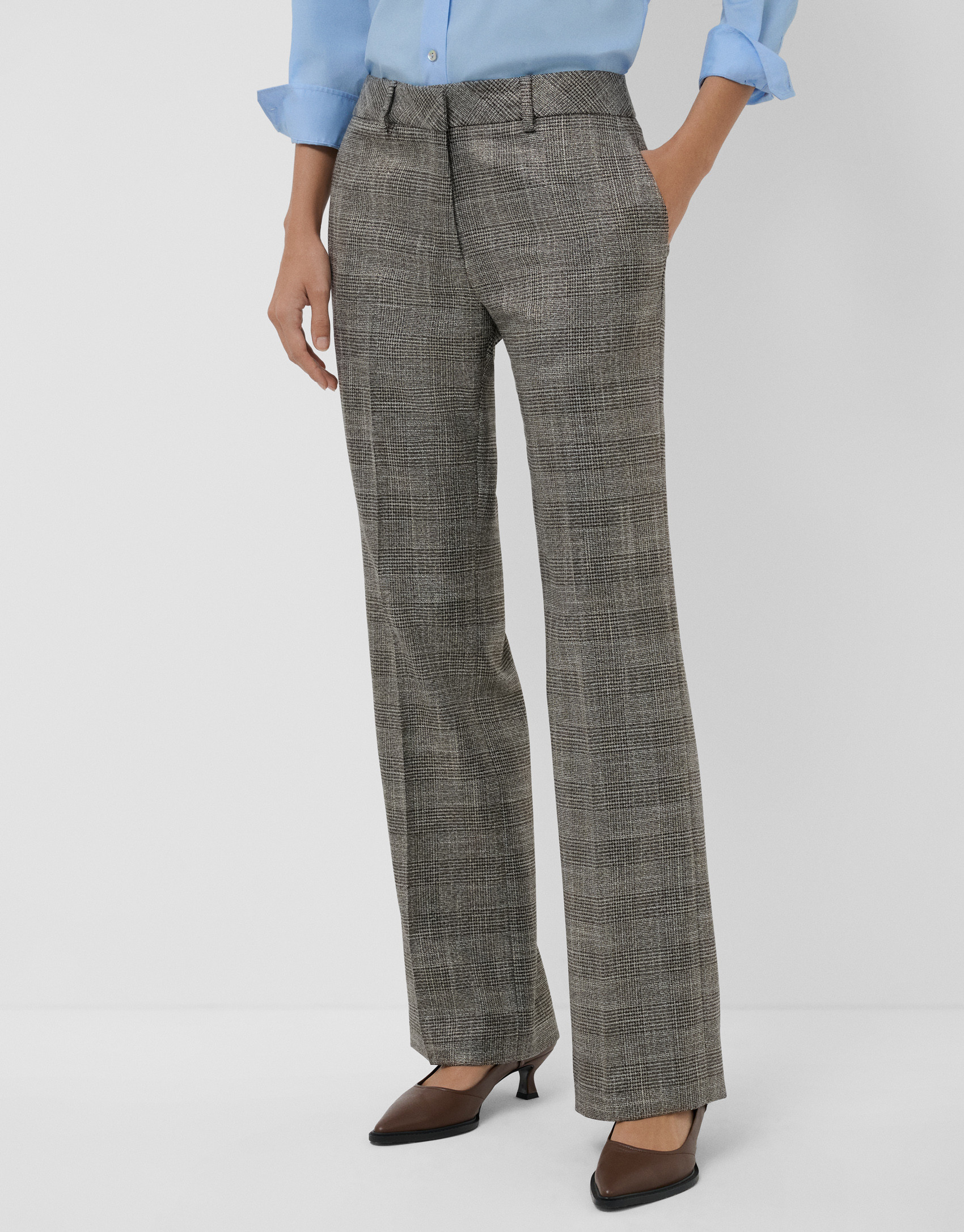 Straight brown Welsh check trousers with gold... | Roberto Verino