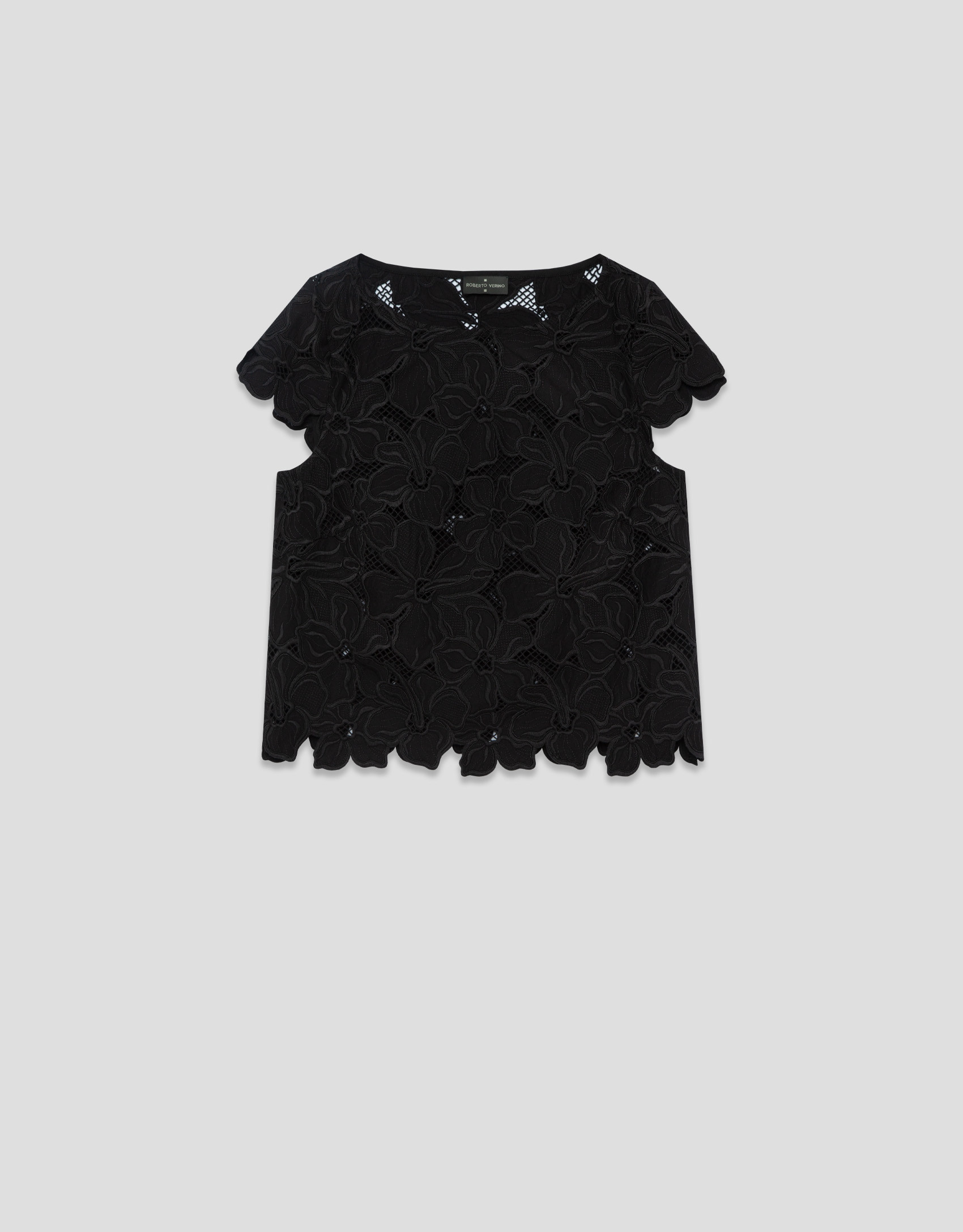 Black embroidered and die-cut boat neck top | Roberto Verino