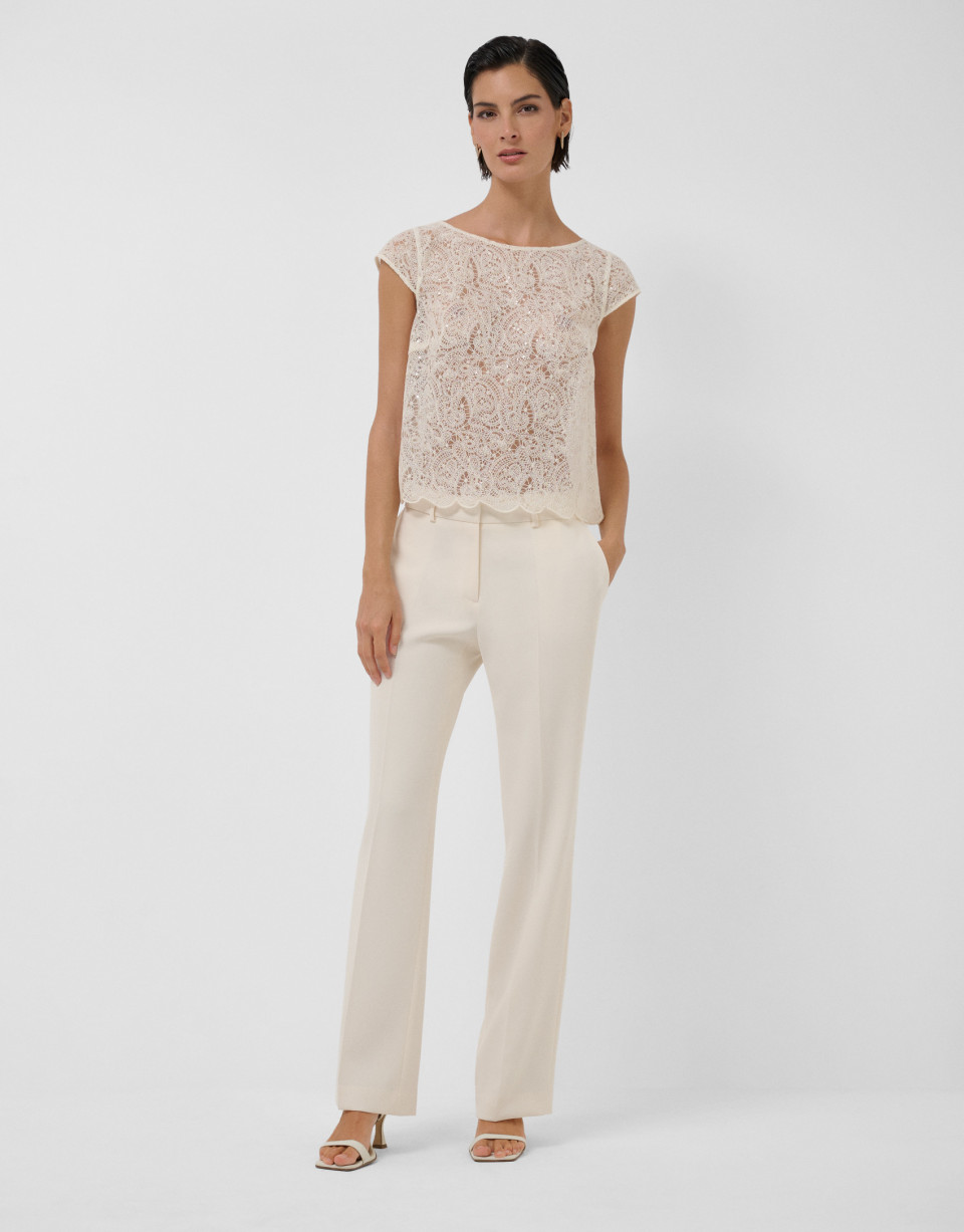Ecru embroidered boat neckline top with sequins | Roberto Verino