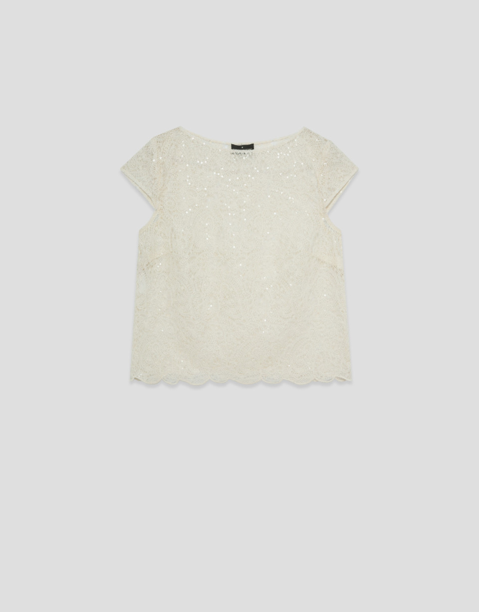 Ecru embroidered boat neckline top with sequins | Roberto Verino