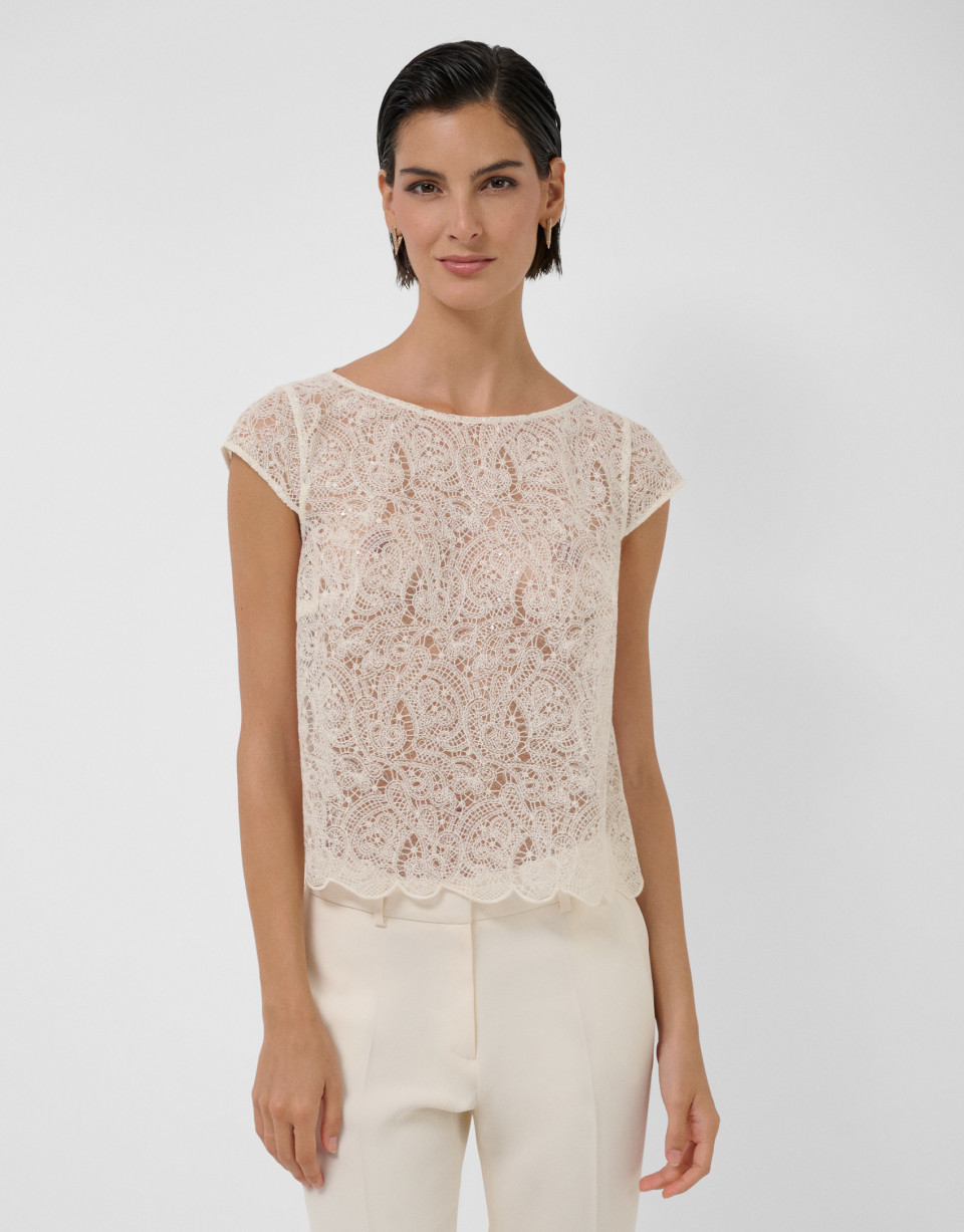 Ecru embroidered boat neckline top with sequins | Roberto Verino