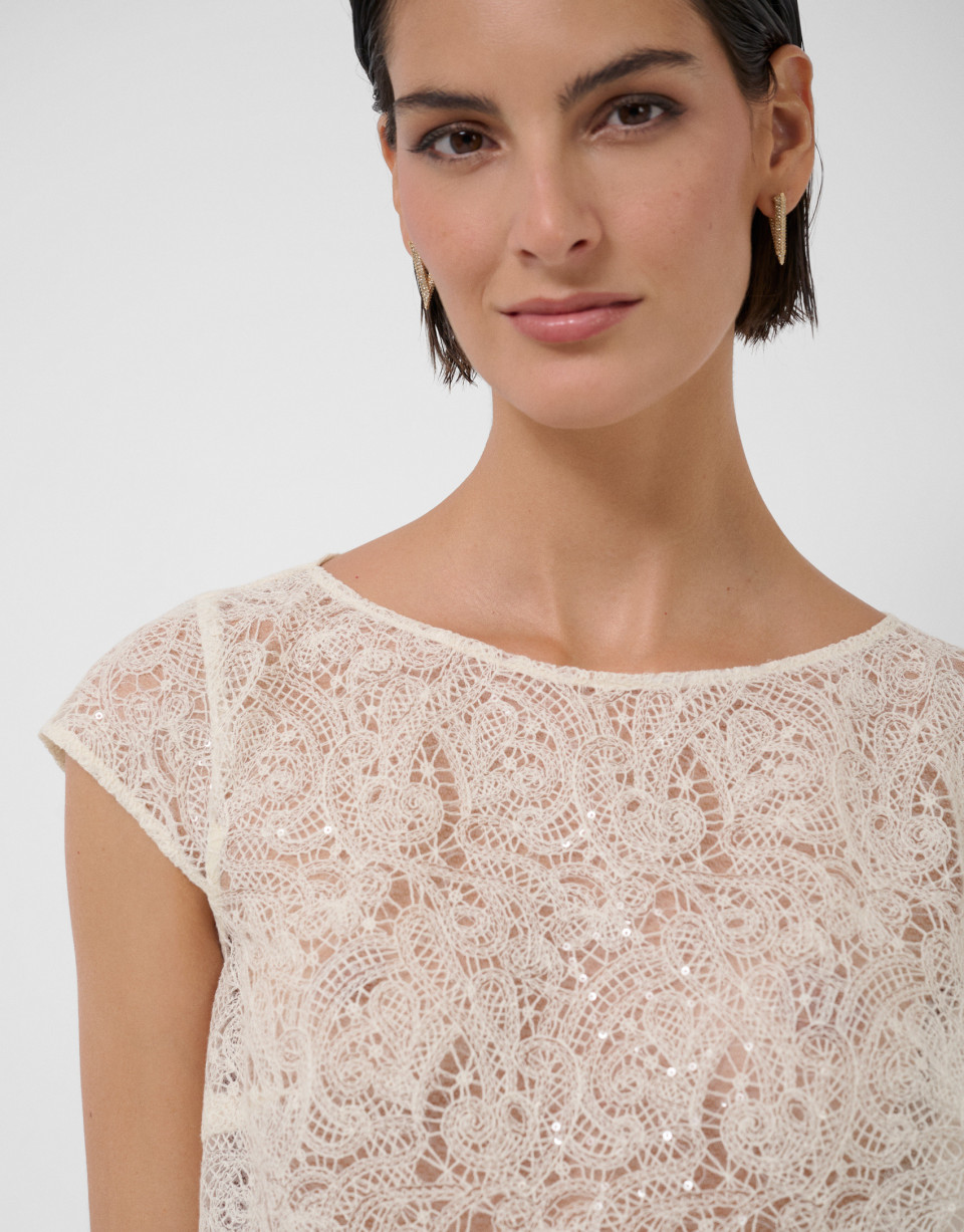 Ecru embroidered boat neckline top with sequins | Roberto Verino