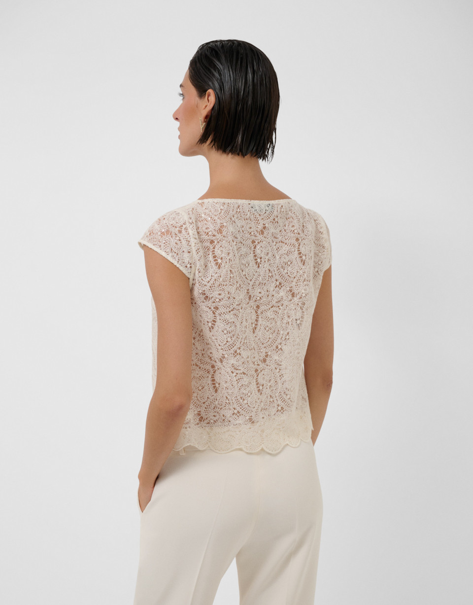 Ecru embroidered boat neckline top with sequins | Roberto Verino