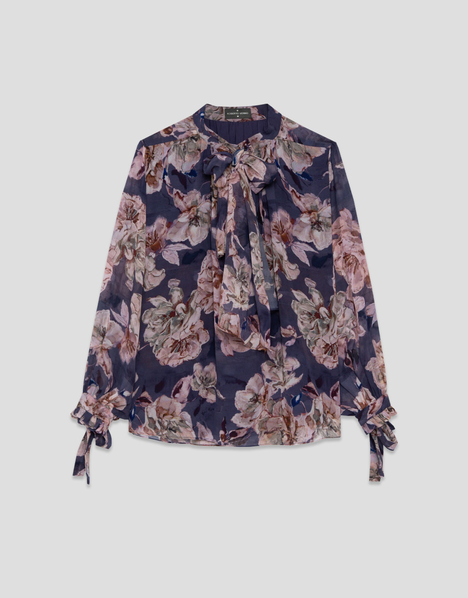 Dusty Pink and Blue Floral Print Gathered Blouse | Roberto Verino