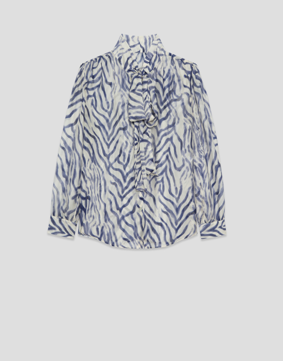 Blusa con lazada en cuello animal print azul | Roberto Verino