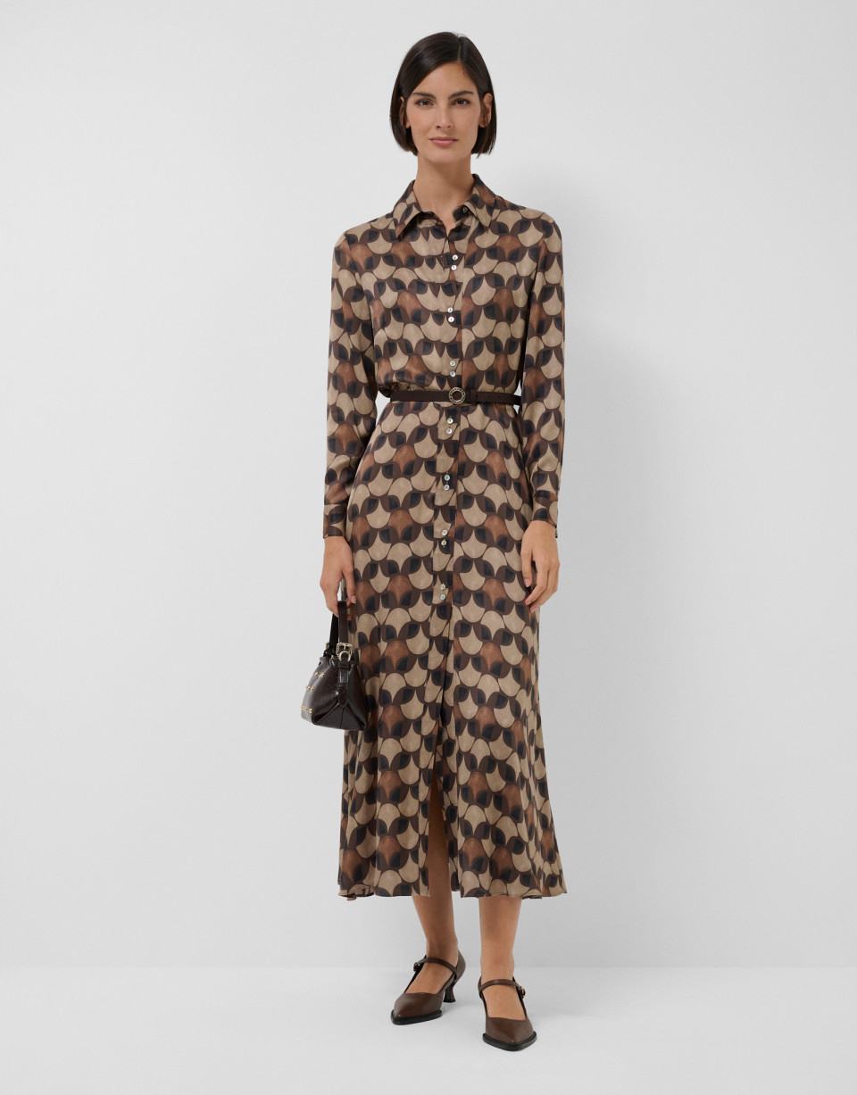Geometric print shirt dress in brown tones | Roberto Verino