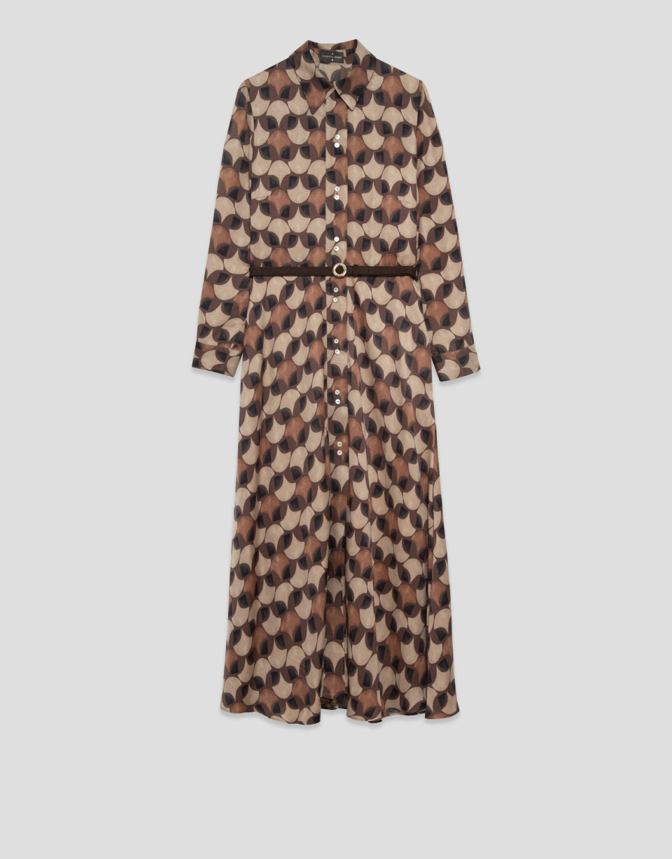 Geometric print shirt dress in brown tones | Roberto Verino