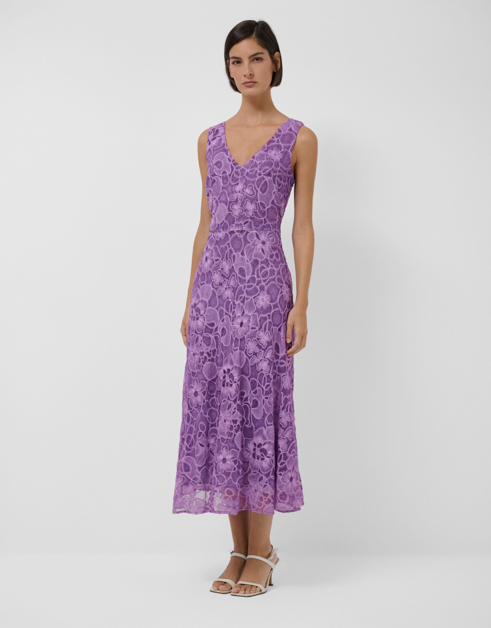 Lilac embroidered silk v-neck midi dress | Roberto Verino