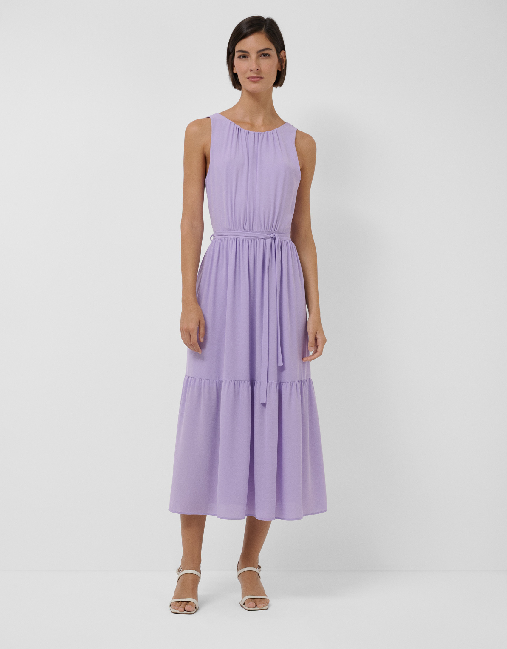 Vestido midi sin mangas frunces y volantes lila | Roberto Verino
