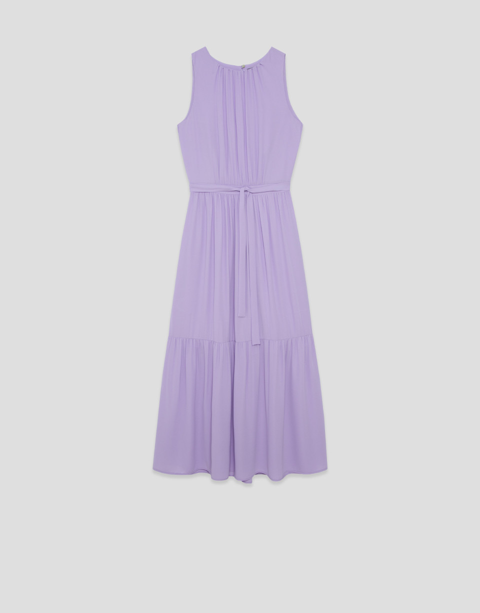 Vestido midi sin mangas frunces y volantes lila | Roberto Verino