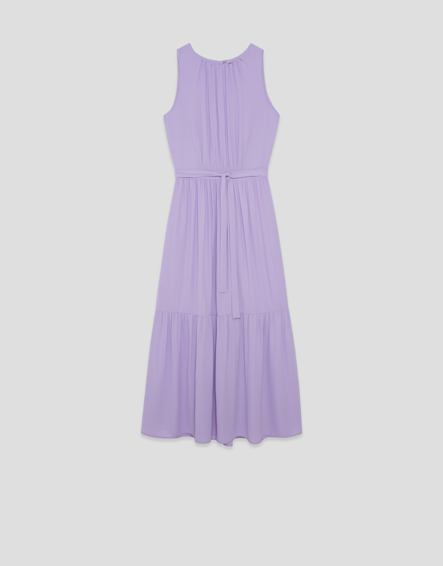 Vestido midi sin mangas frunces y volantes lila | Roberto Verino