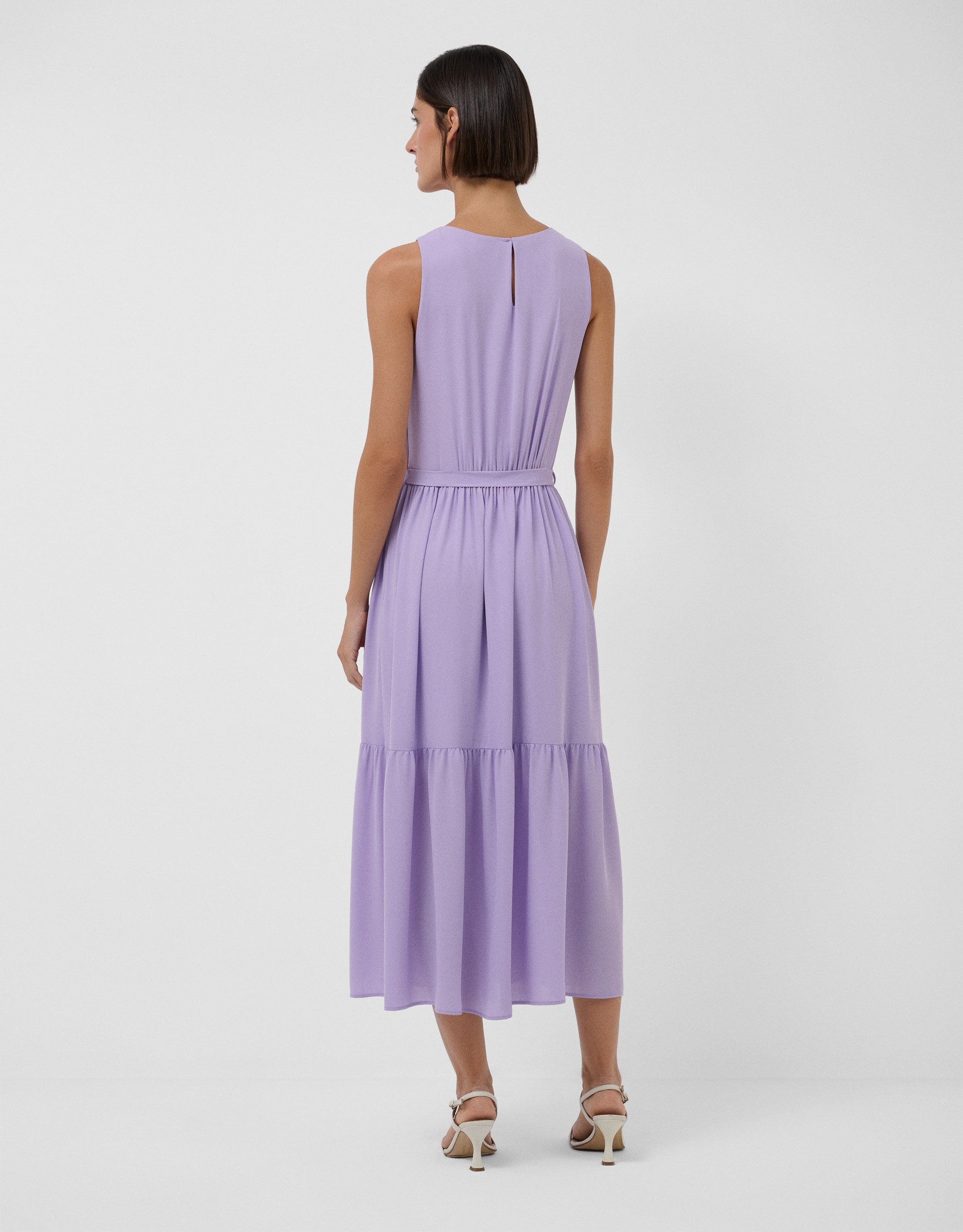 Vestido midi sin mangas frunces y volantes lila | Roberto Verino