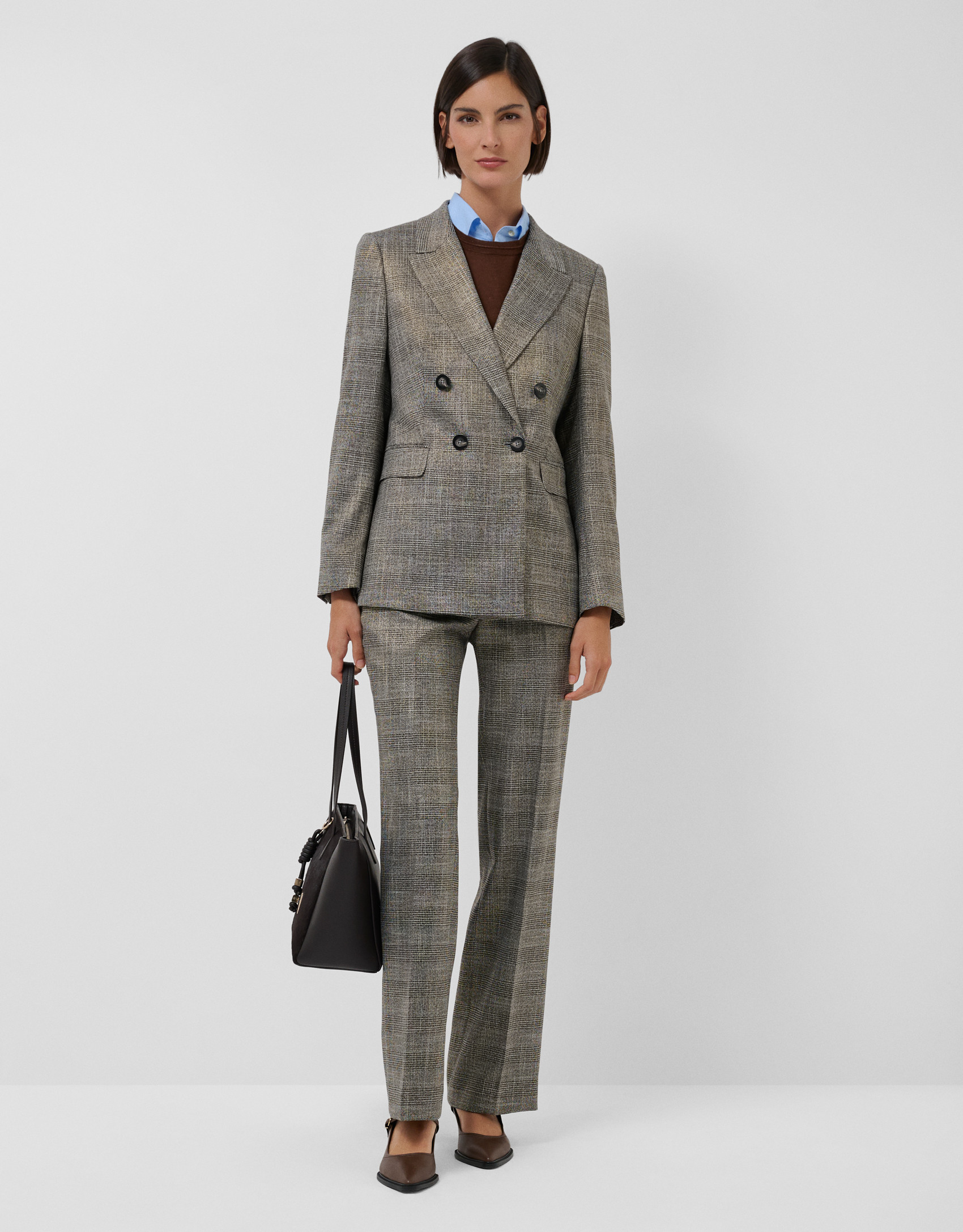 Brown Welsh check wool and gold lurex ... | Roberto Verino
