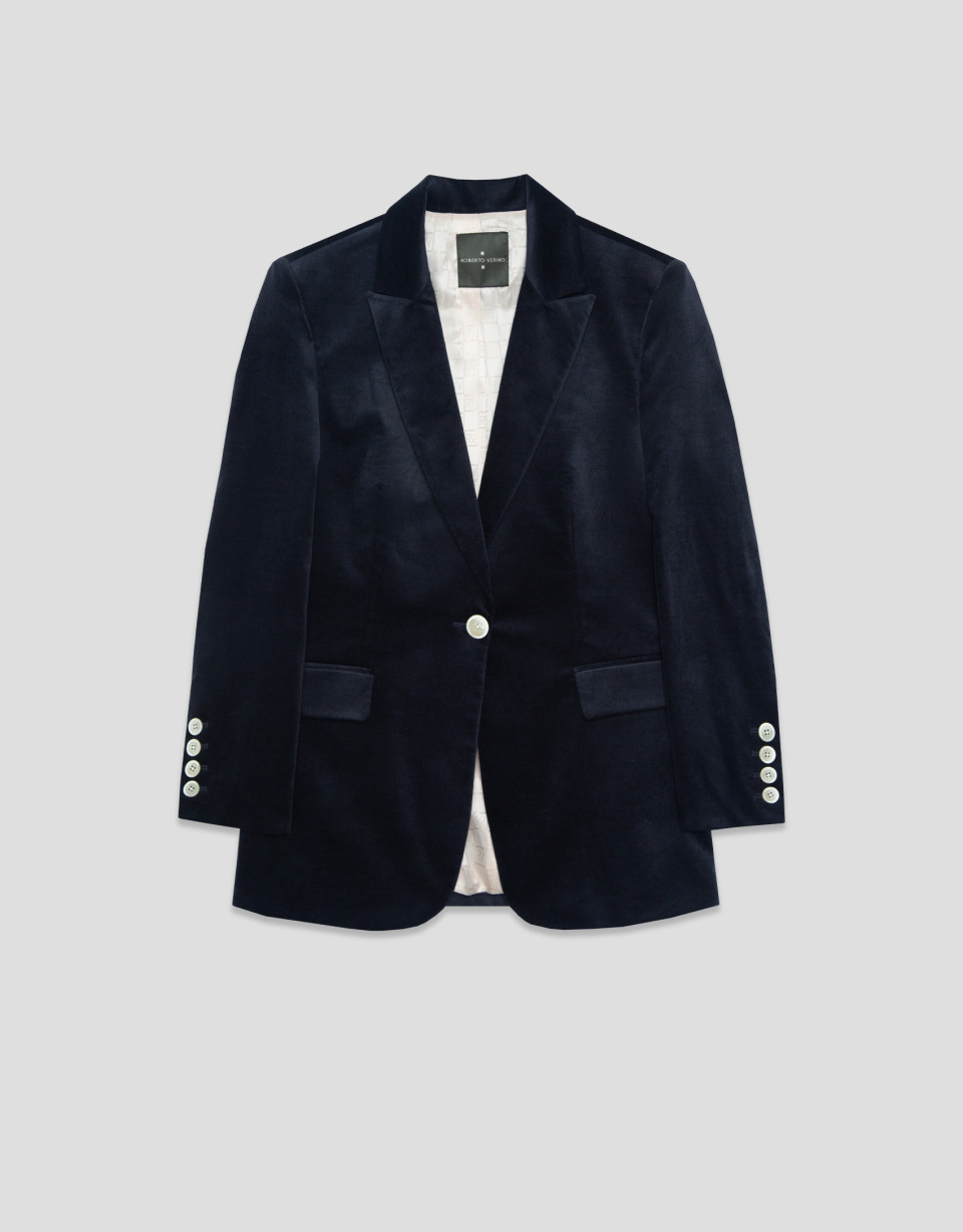 Navy blue velvet one button blazer - Mujer | Roberto Verino