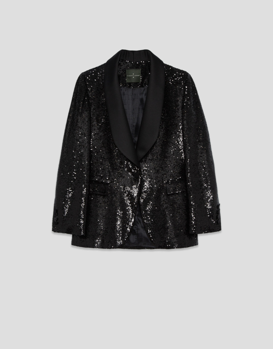 Black tuxedo blazer with flat sequins - Mujer | Roberto Verino