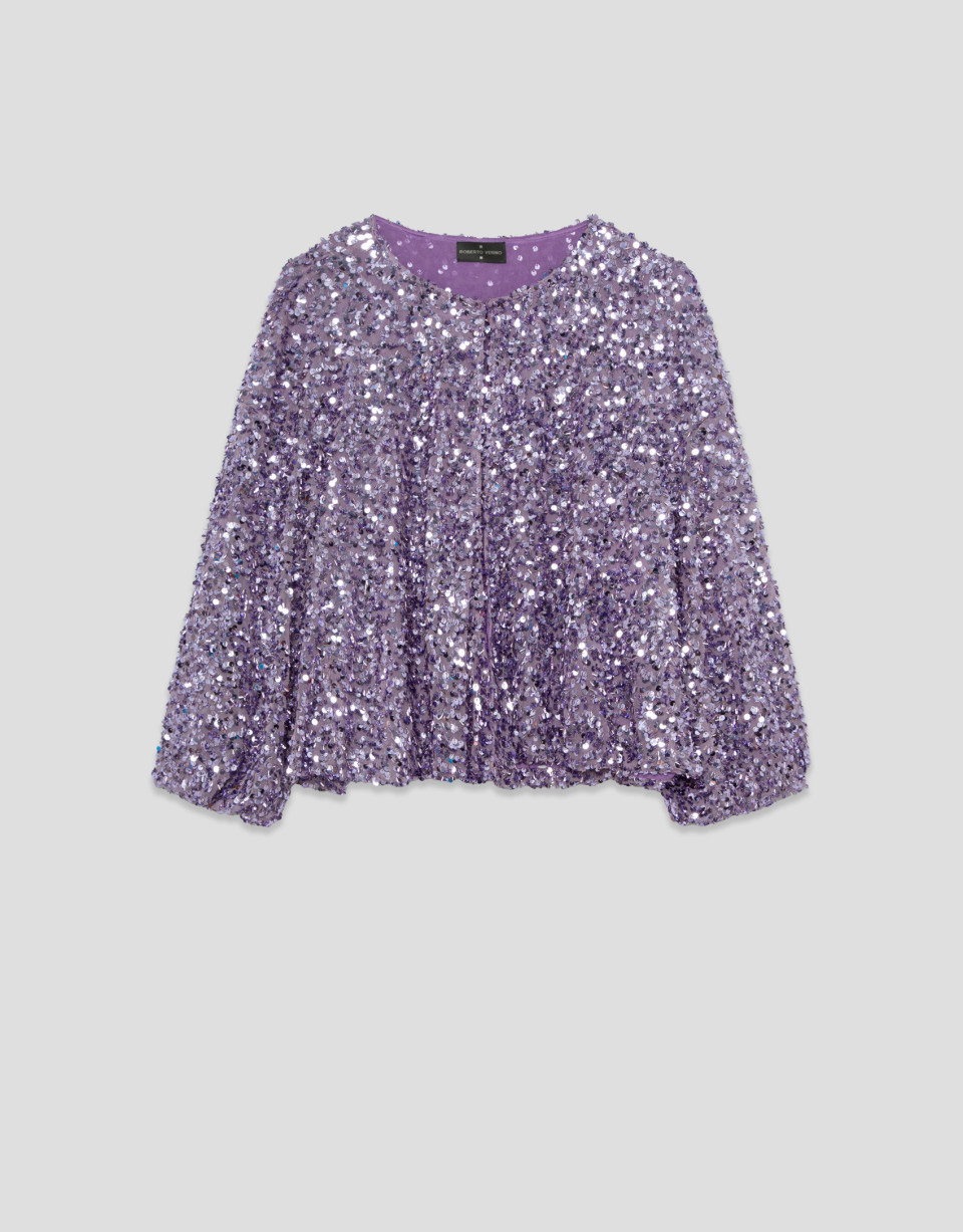 Short puffed jacket with lilac paillettes | Roberto Verino