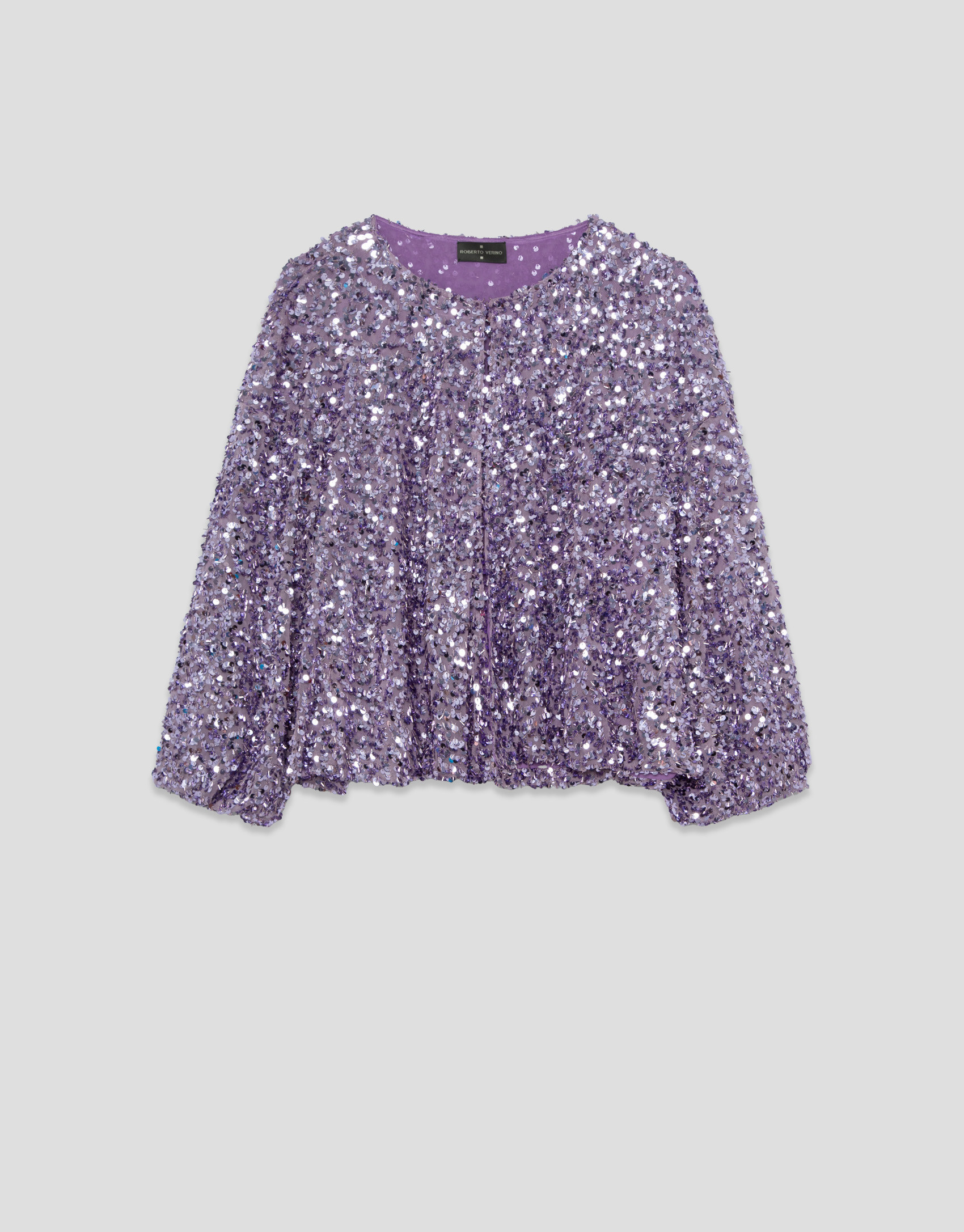 Short puffed jacket with lilac paillettes | Roberto Verino