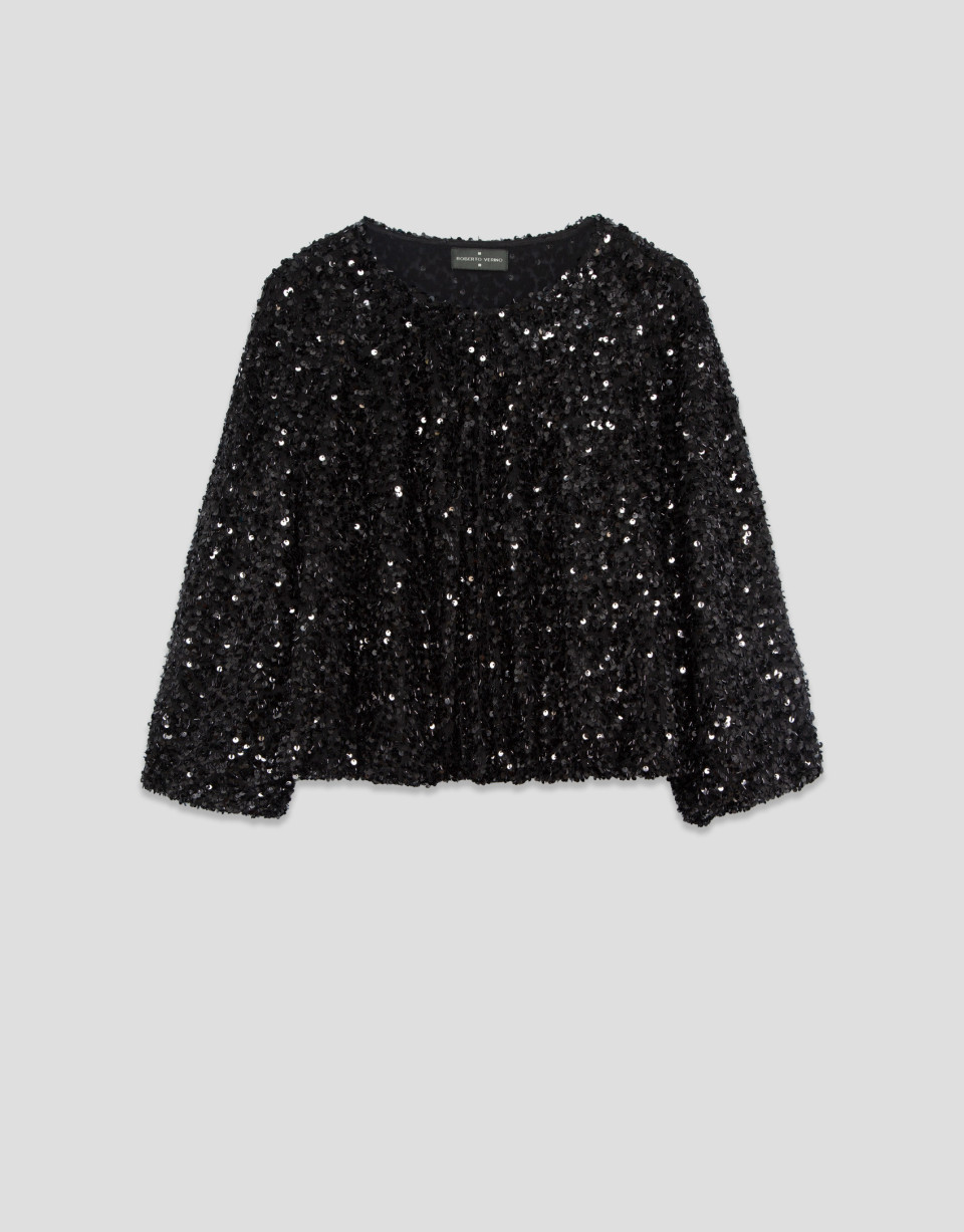 Short puffed jacket with black paillettes | Roberto Verino
