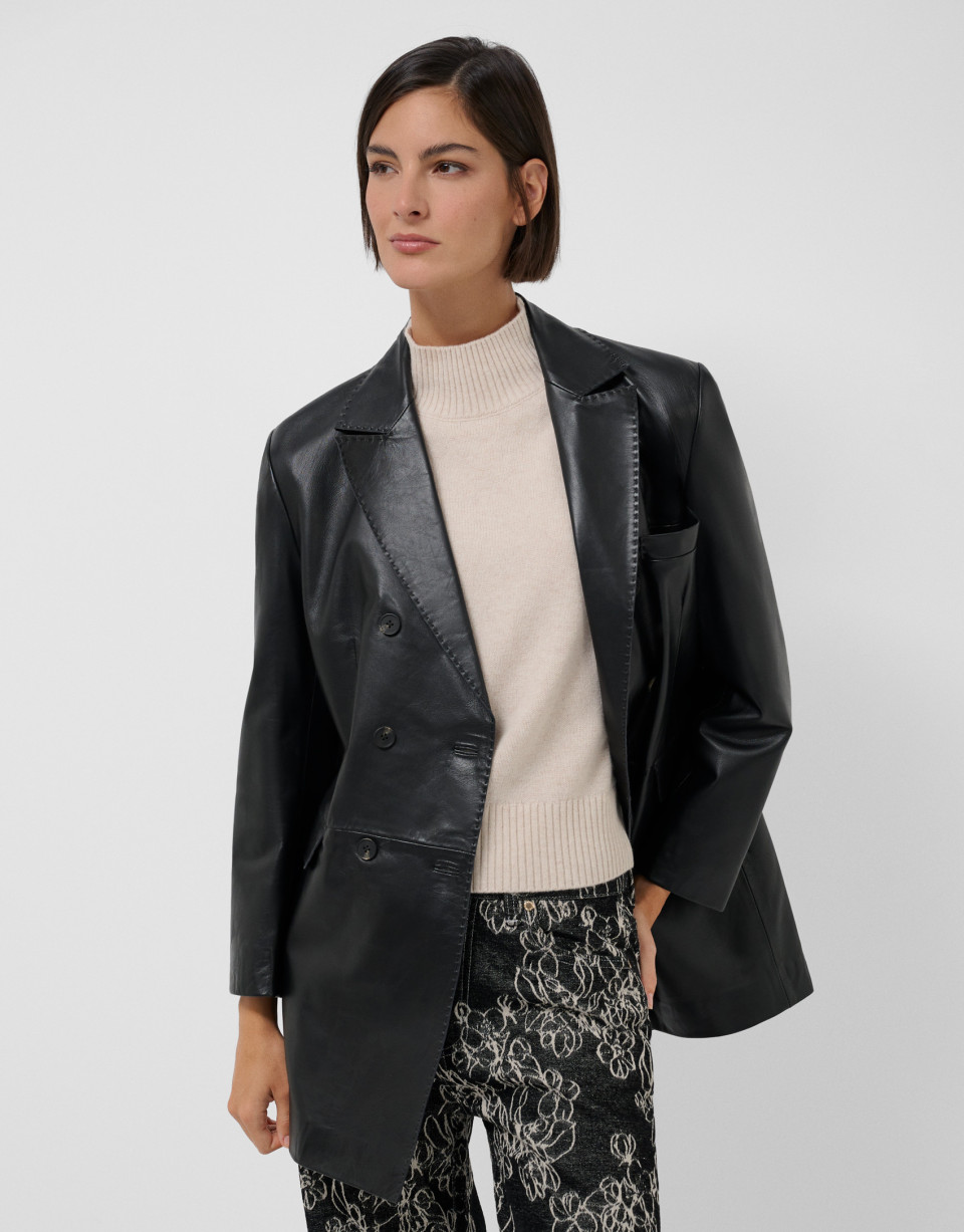 Padded black nappa double-breasted coat - Mujer | Roberto Verino