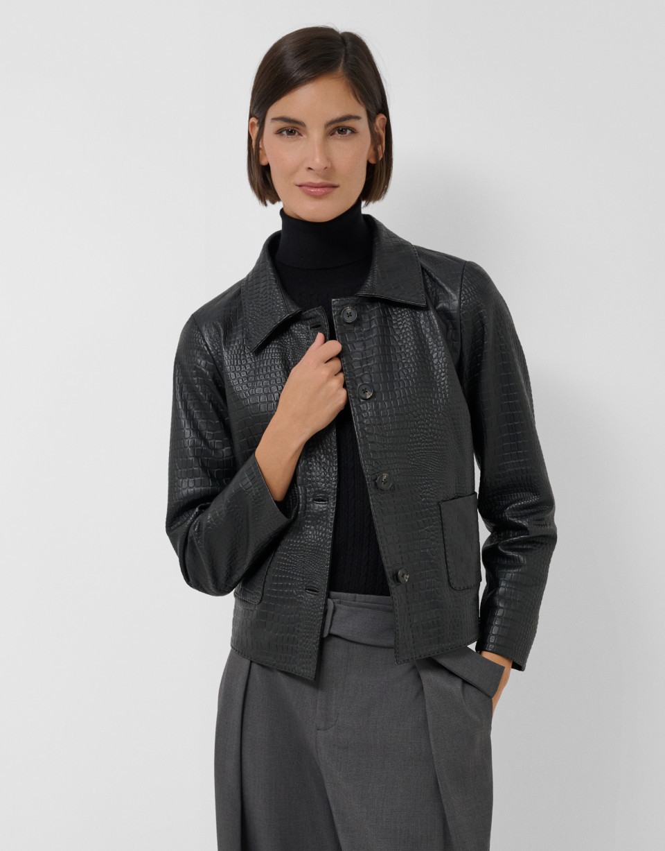 Black leather jacket with snake print - Mujer | Roberto Verino