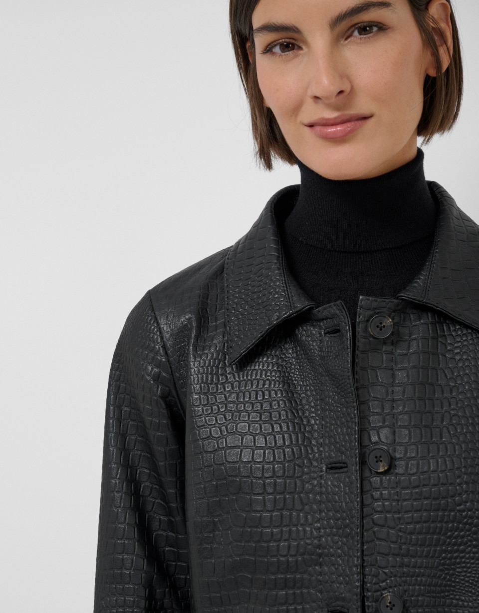 Chaqueta piel negra grabado serpiente - Mujer | Roberto Verino