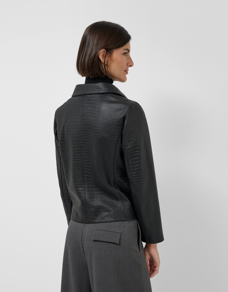 Chaqueta piel negra grabado serpiente - Mujer | Roberto Verino