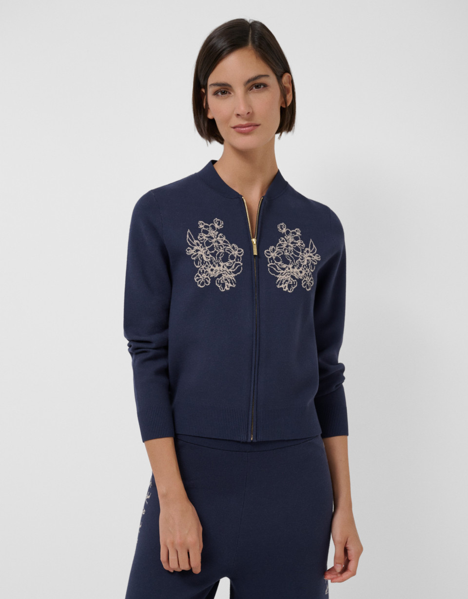 Navy blue jacquard knit zipper jacket with ... | Roberto Verino