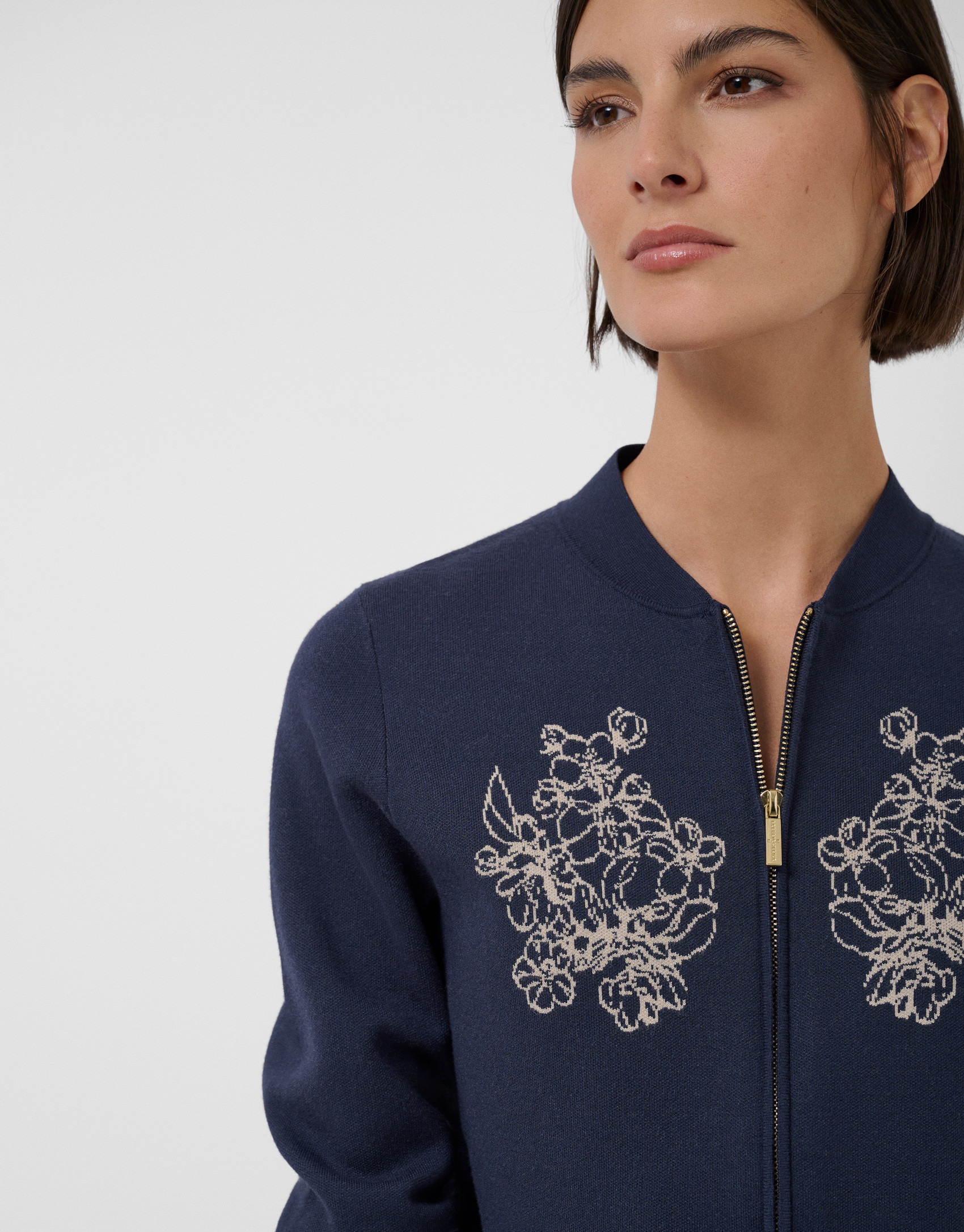 Navy blue jacquard knit zipper jacket with ... | Roberto Verino