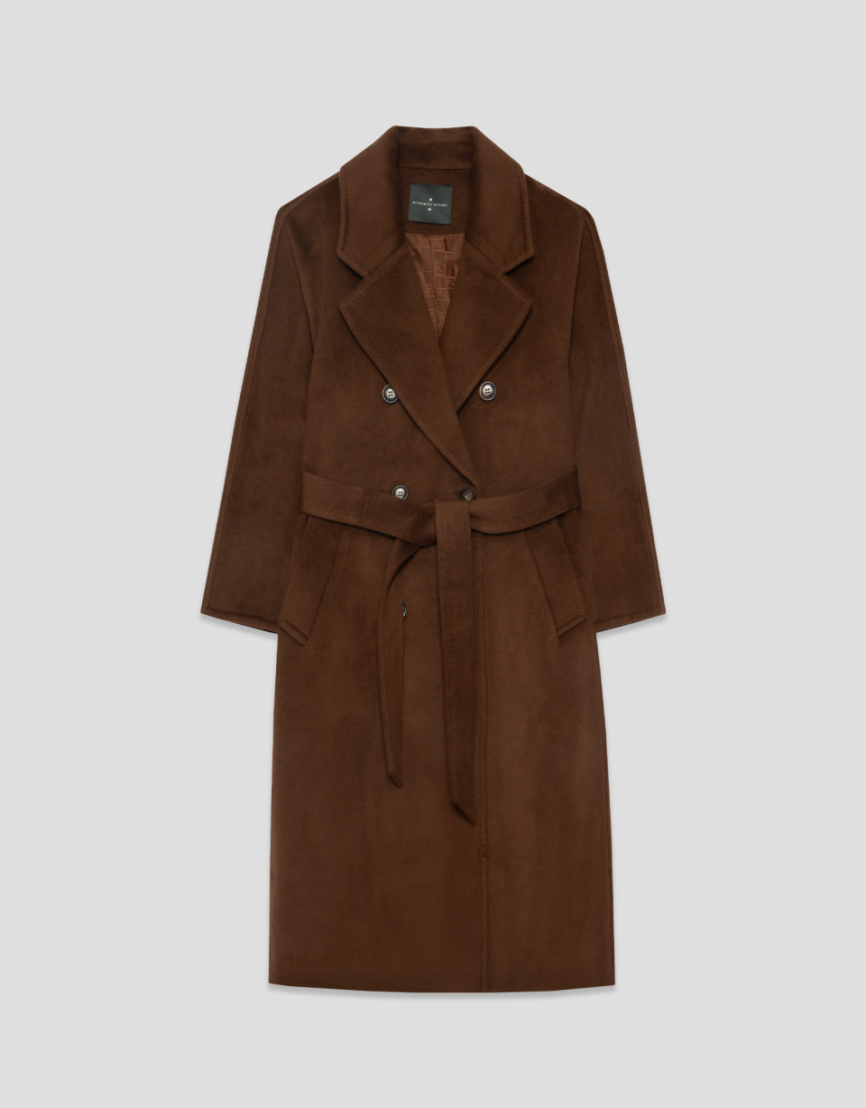 Long camel wool double-breasted coat with belt | Roberto Verino