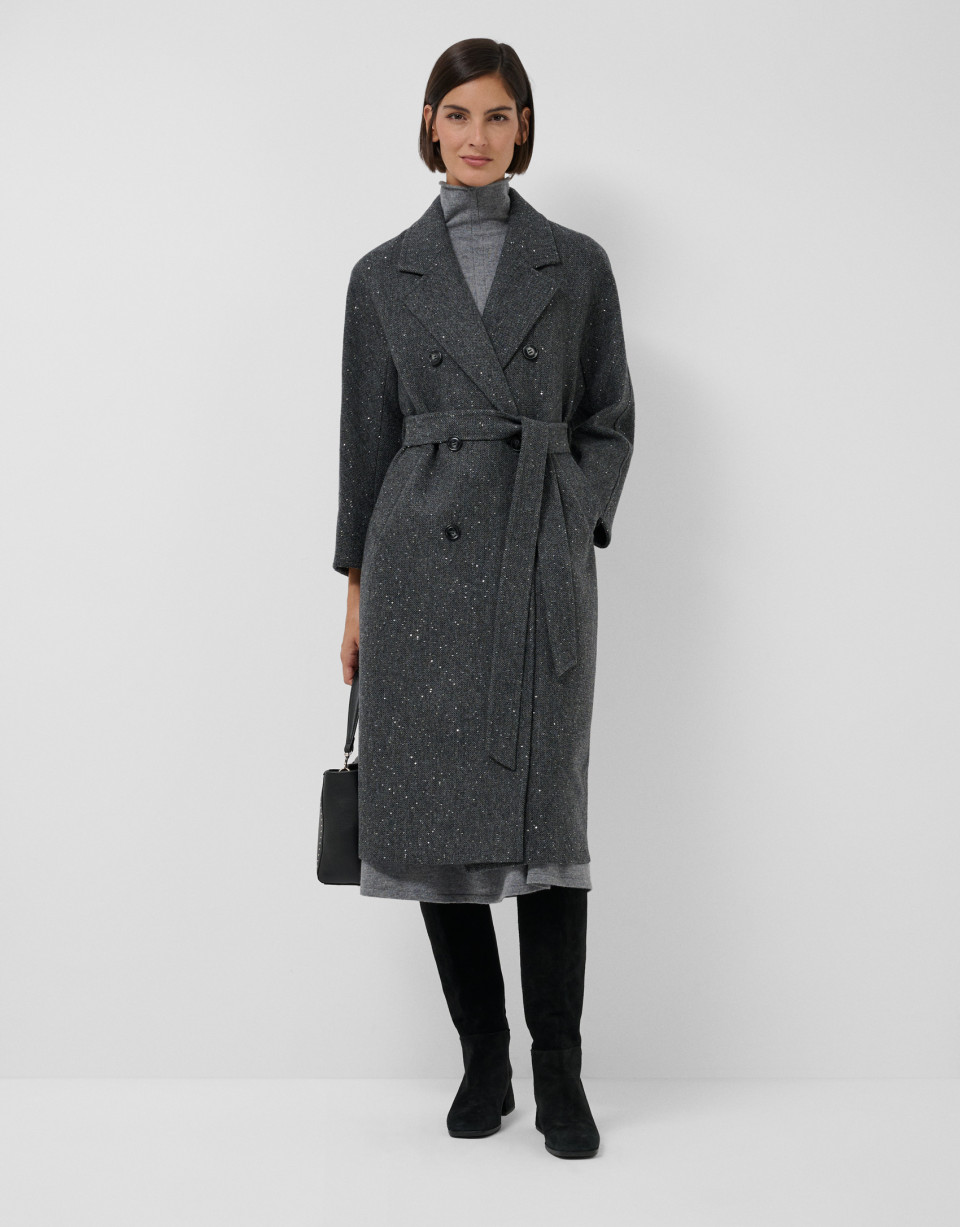 Long double-breasted coat with shiny gray ... | Roberto Verino