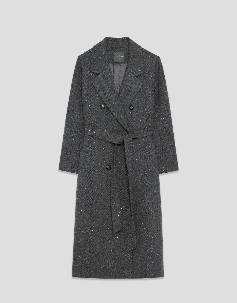 Long double-breasted coat with shiny gray ... | Roberto Verino