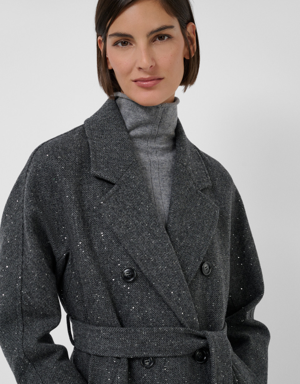 Long double-breasted coat with shiny gray ... | Roberto Verino