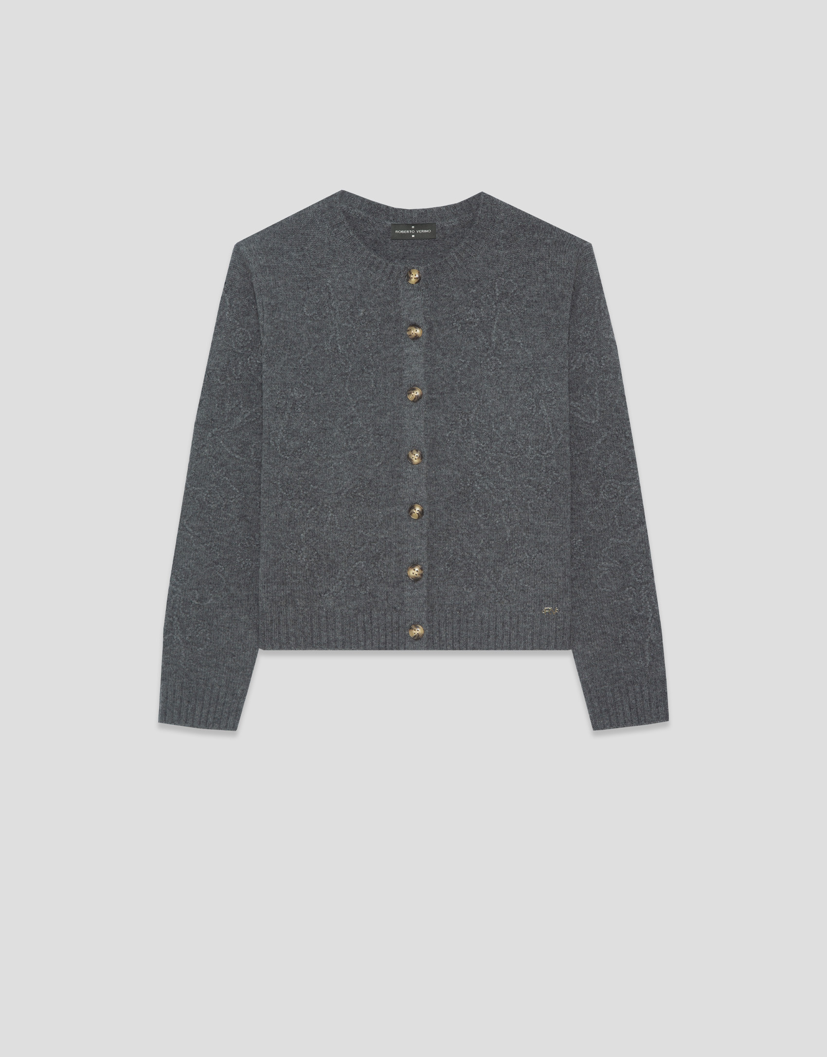 Short gray wool knit cardigan with floral ... | Roberto Verino