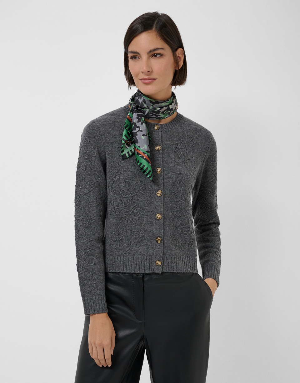 Short gray wool knit cardigan with floral ... | Roberto Verino