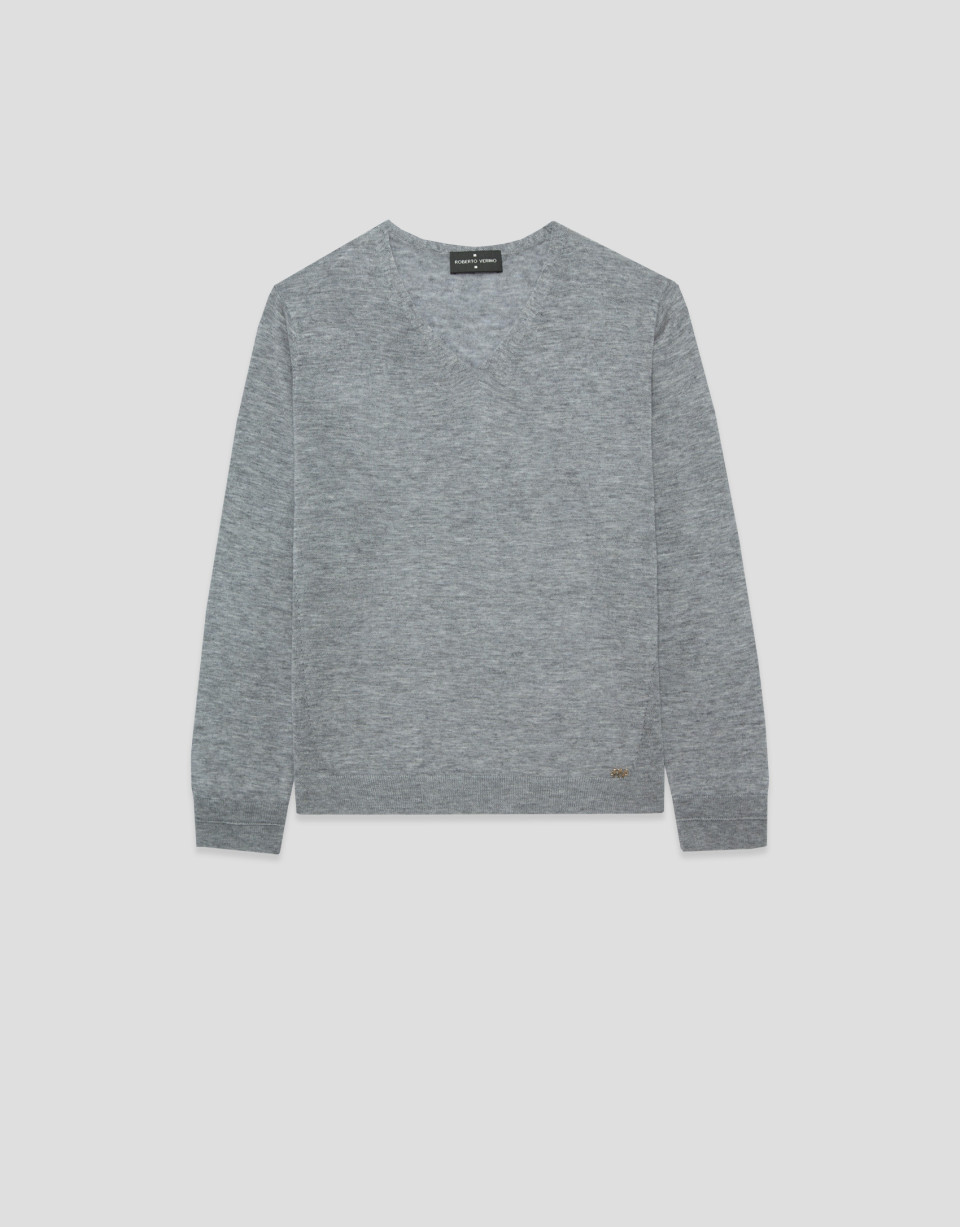Gray fine knit V-neck sweater - Mujer - AW2026 | Roberto Verino