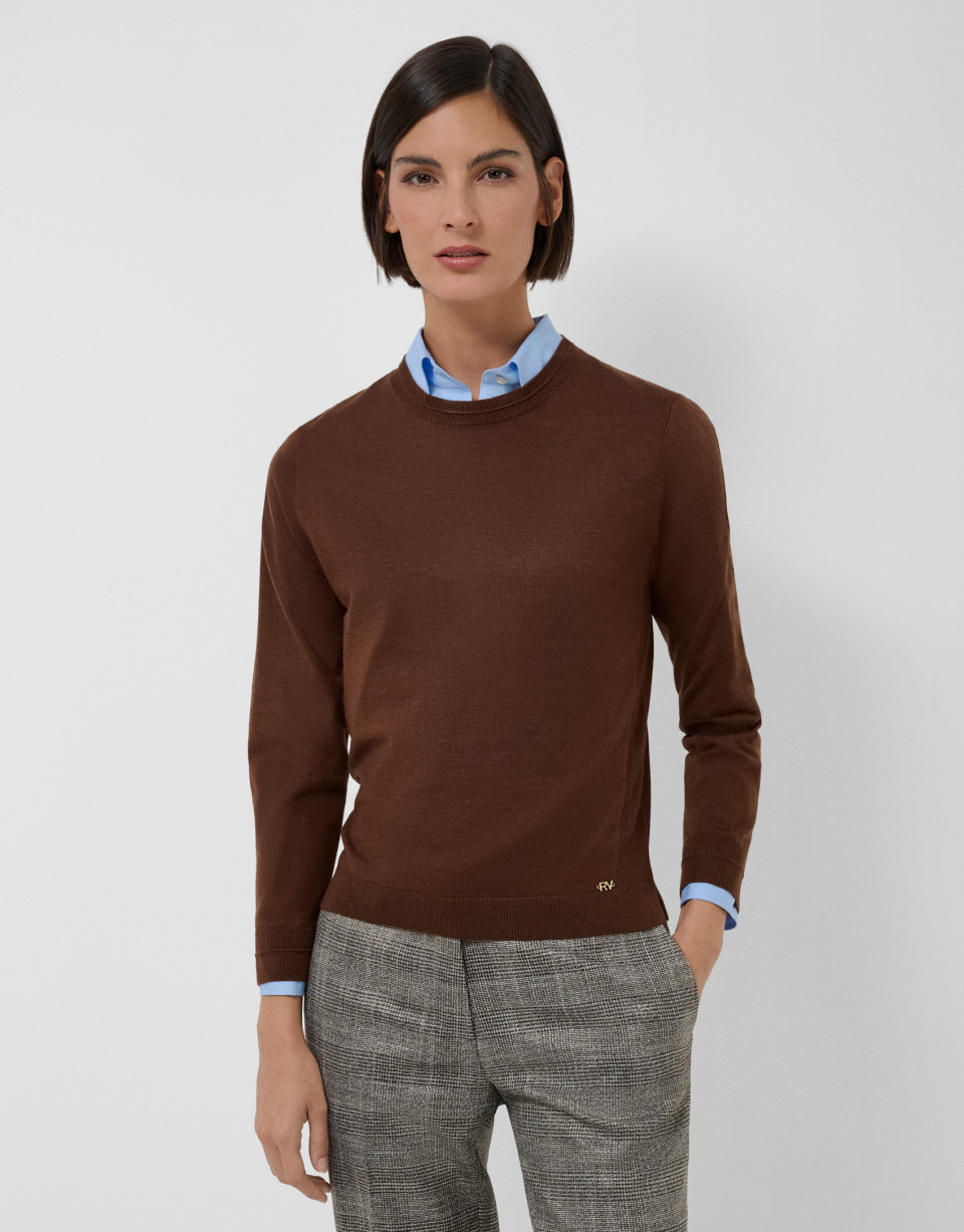 Brown knitted round neck sweater - Mujer | Roberto Verino