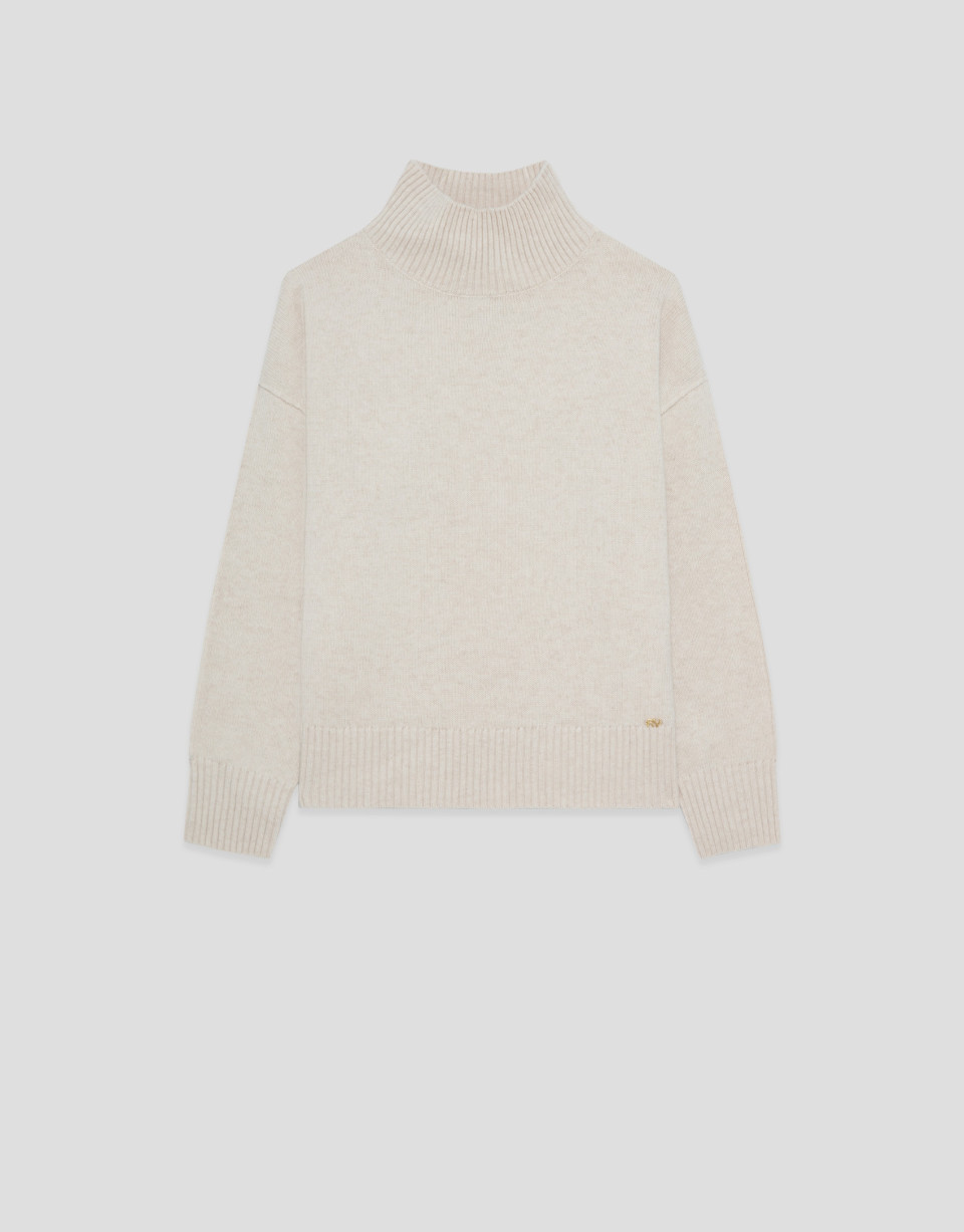 Ecru oversized high neck knitted sweater | Roberto Verino