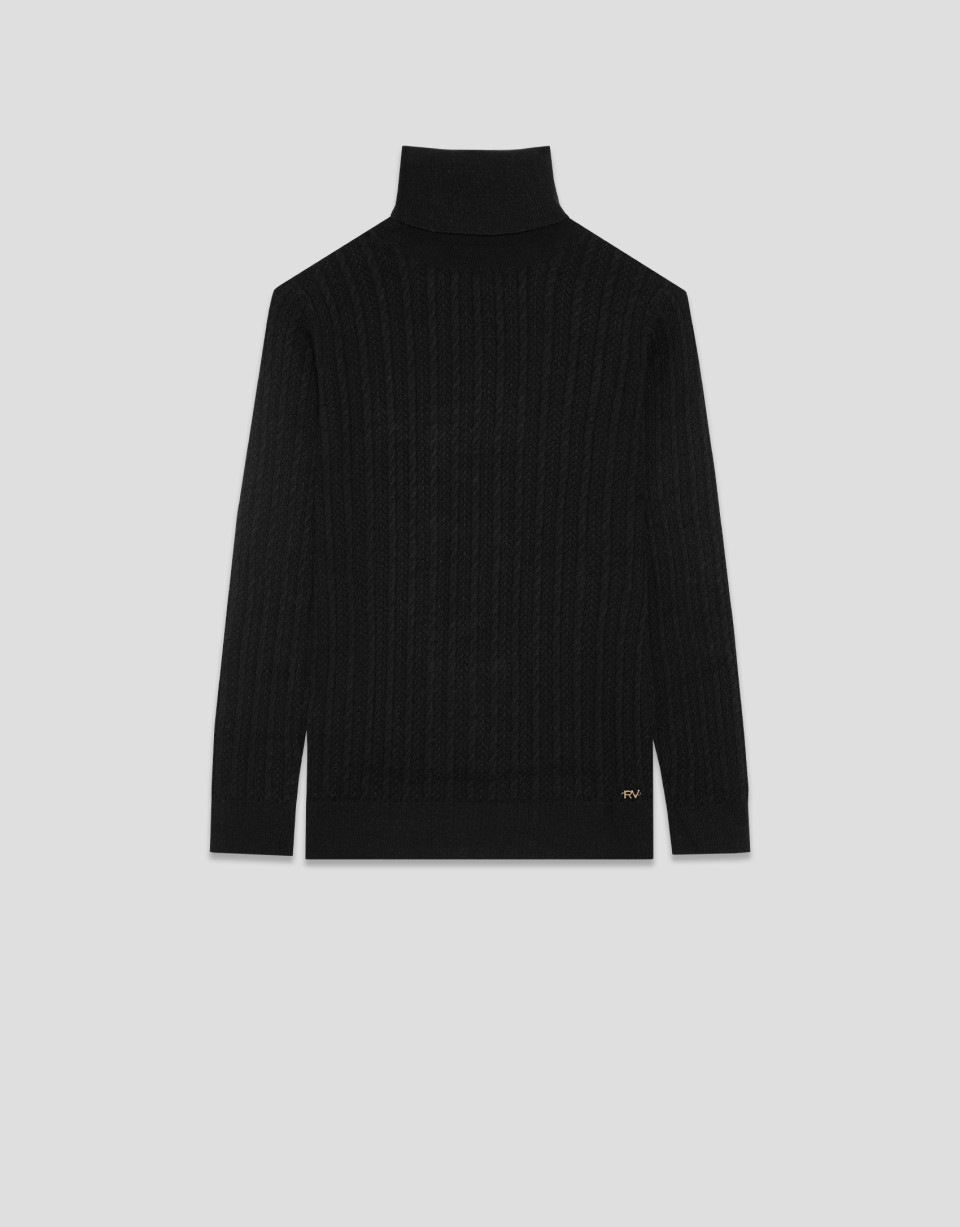 Black high-neck cable knit sweater - Mujer | Roberto Verino