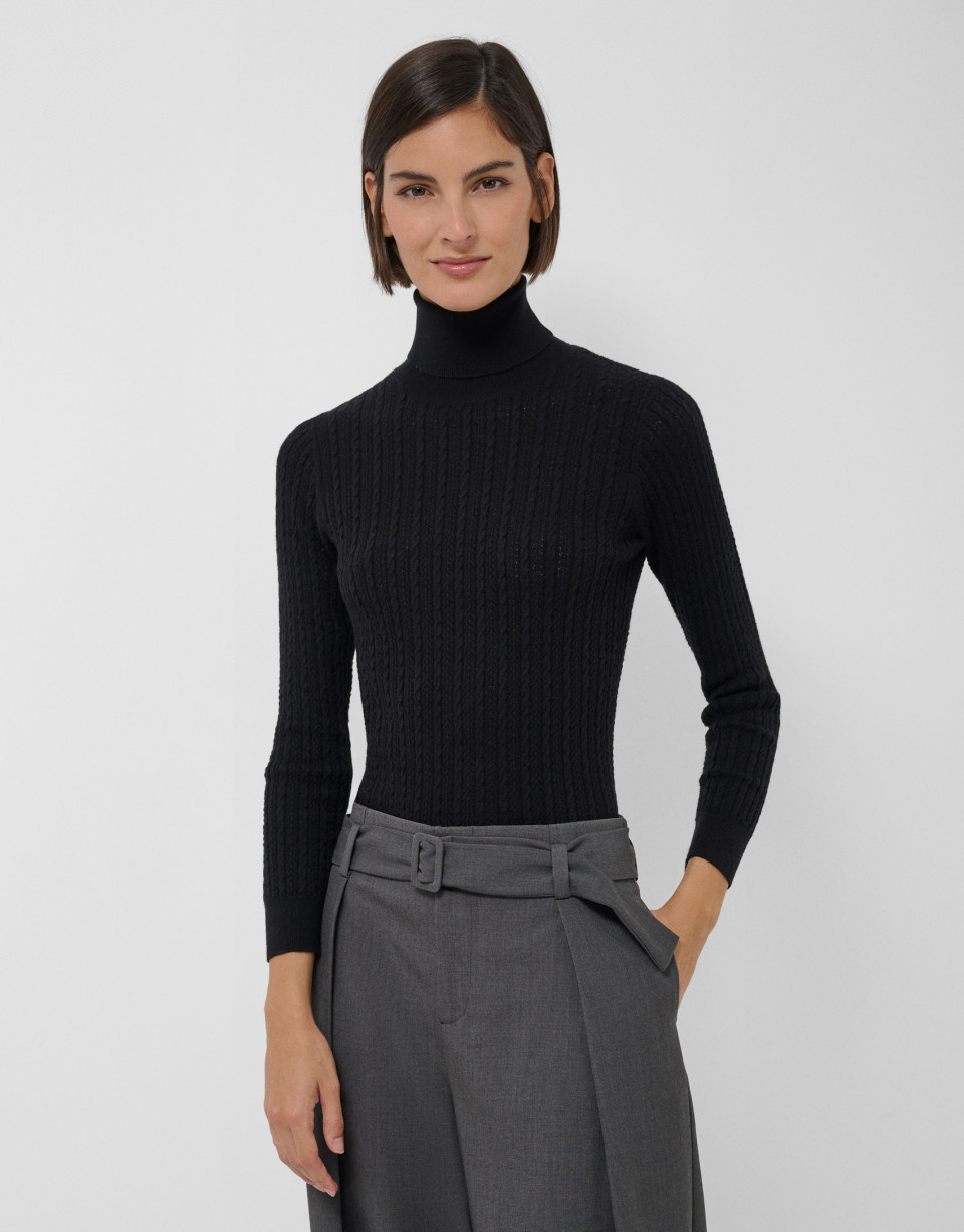 Black high-neck cable knit sweater - Mujer | Roberto Verino