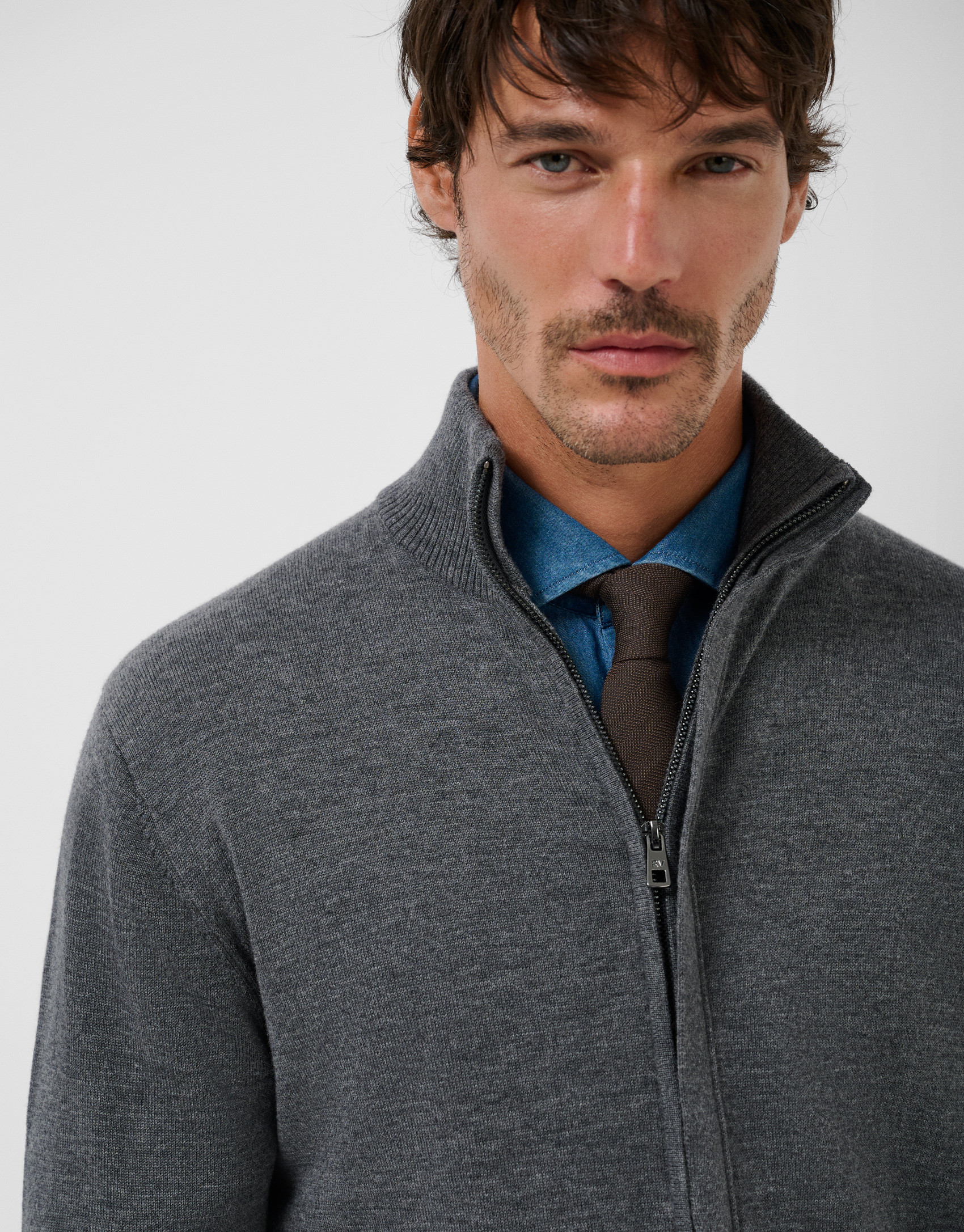 Dark gray high neck plain zipper jacket | Roberto Verino