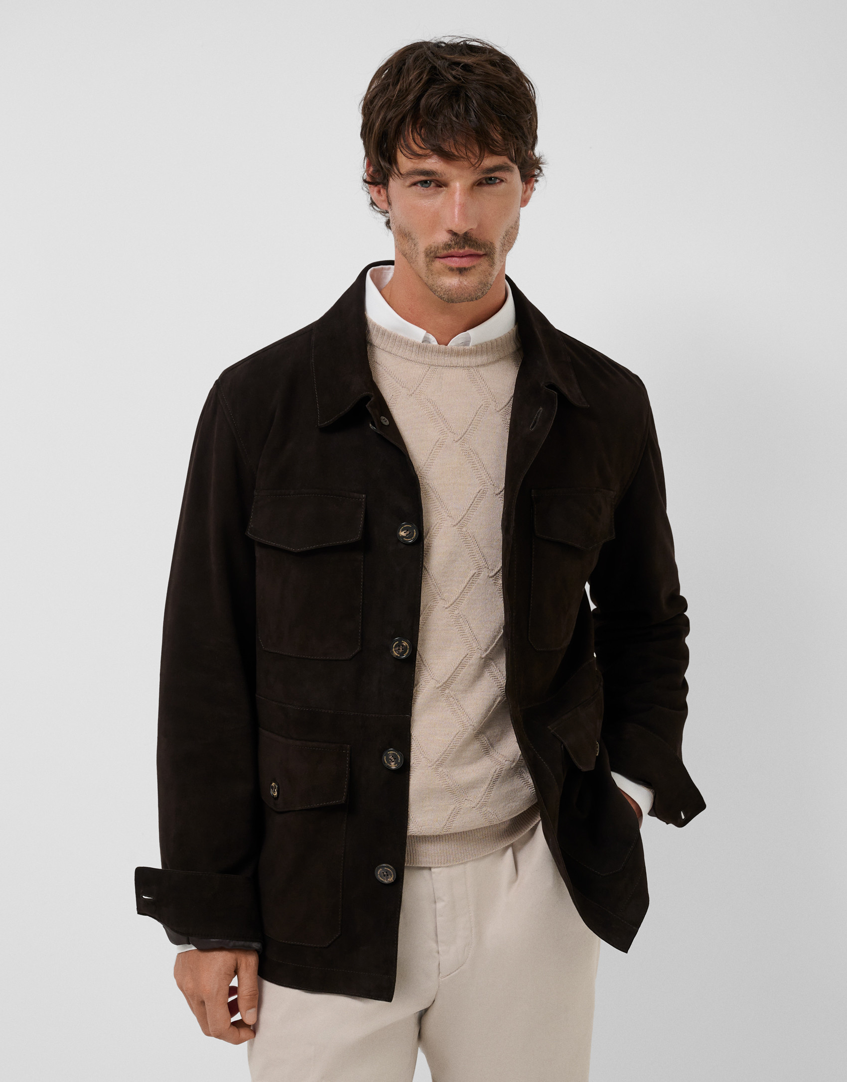 Brown suede safari jacket - Hombre - AW2026 | Roberto Verino