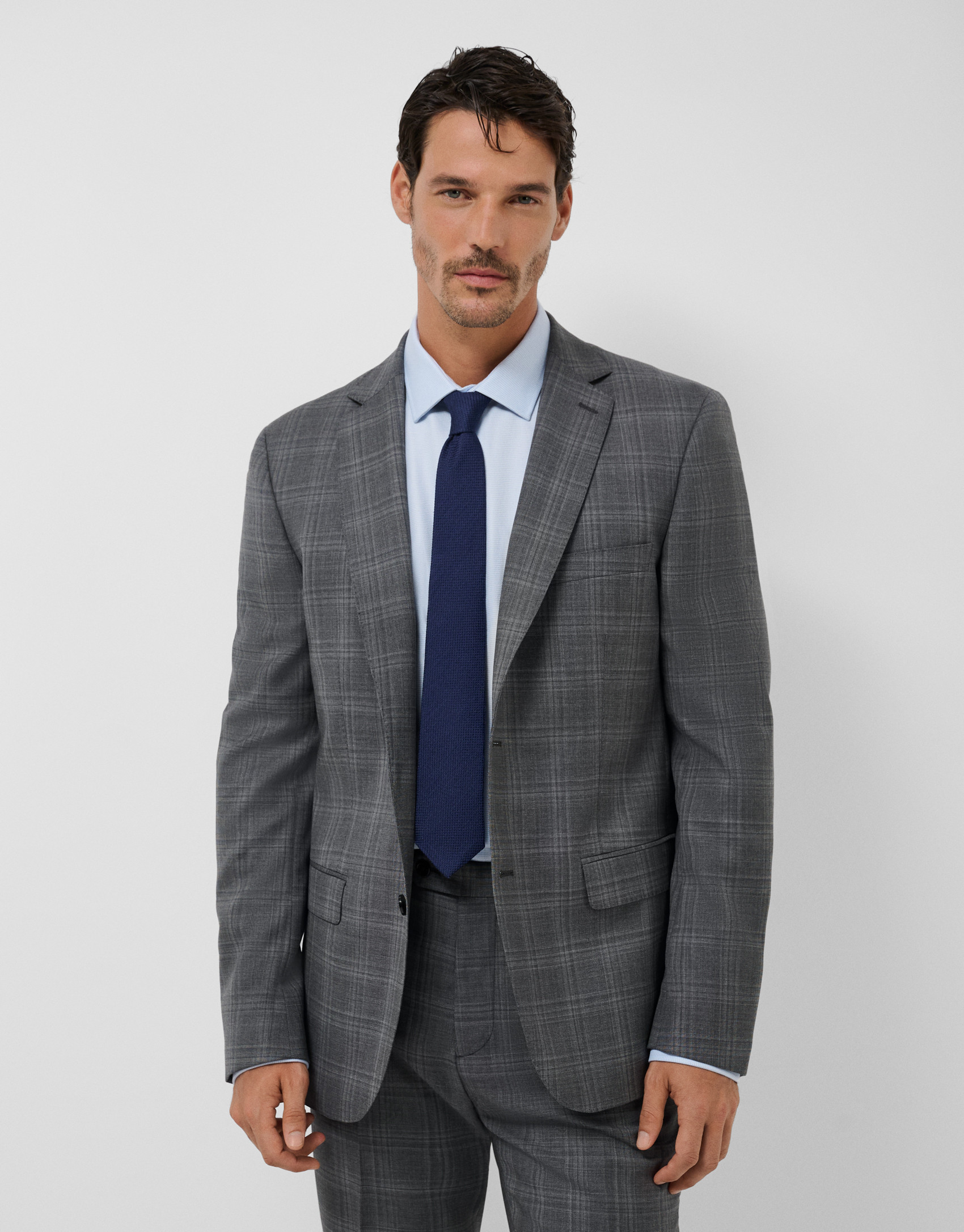 Half canvas slim fit gray check suit - Hombre | Roberto Verino