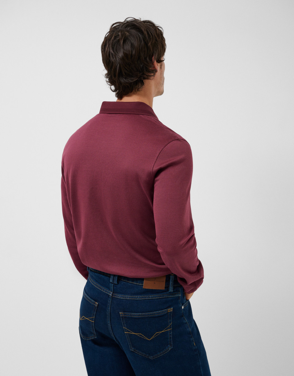 Cherry toned jacquard long sleeve polo shirt | Roberto Verino