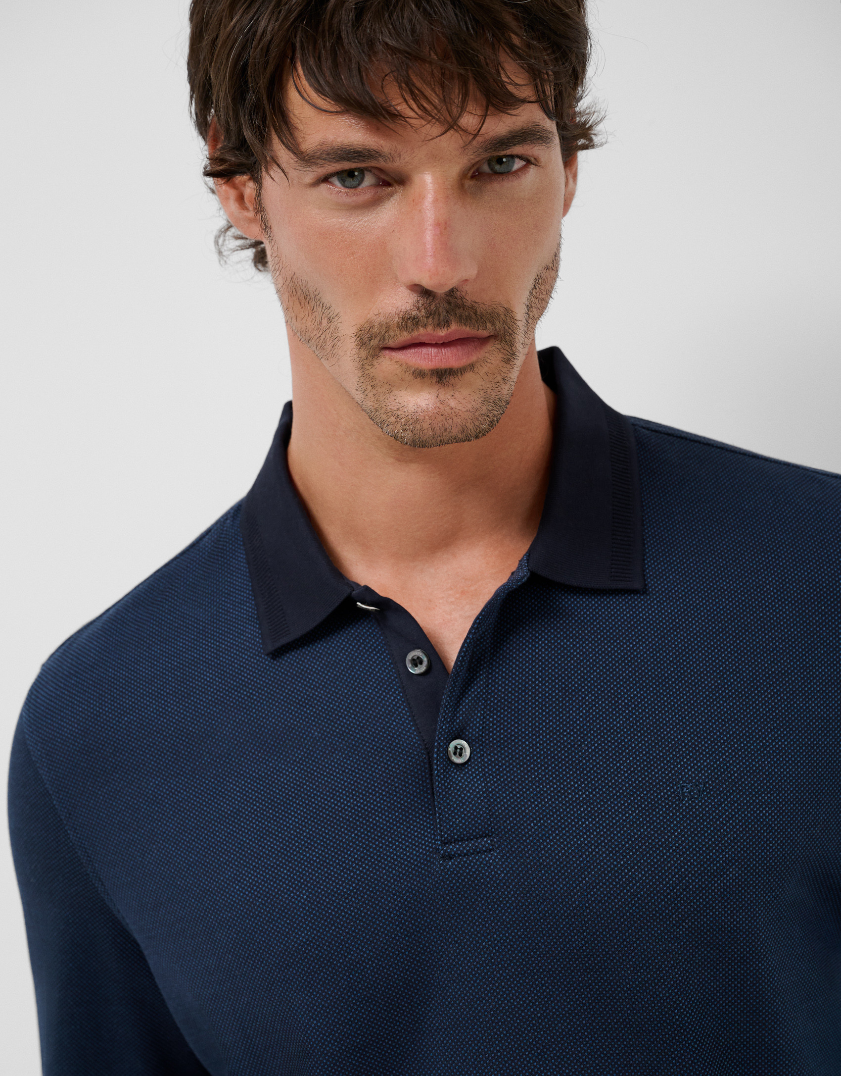 Blue jacquard long sleeve polo shirt - Hombre | Roberto Verino
