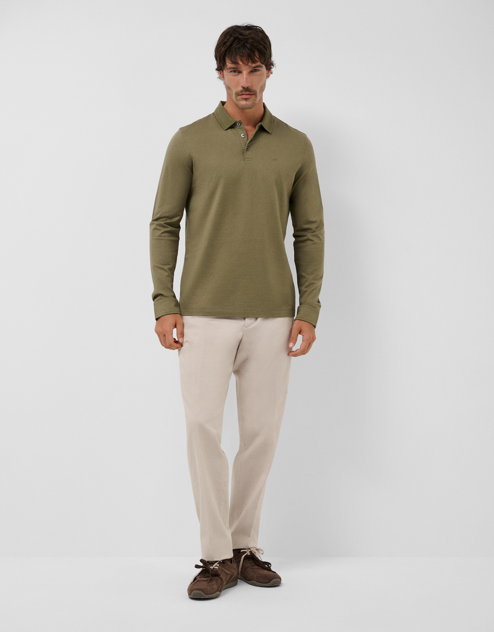 Olive toned jacquard long sleeve polo shirt | Roberto Verino