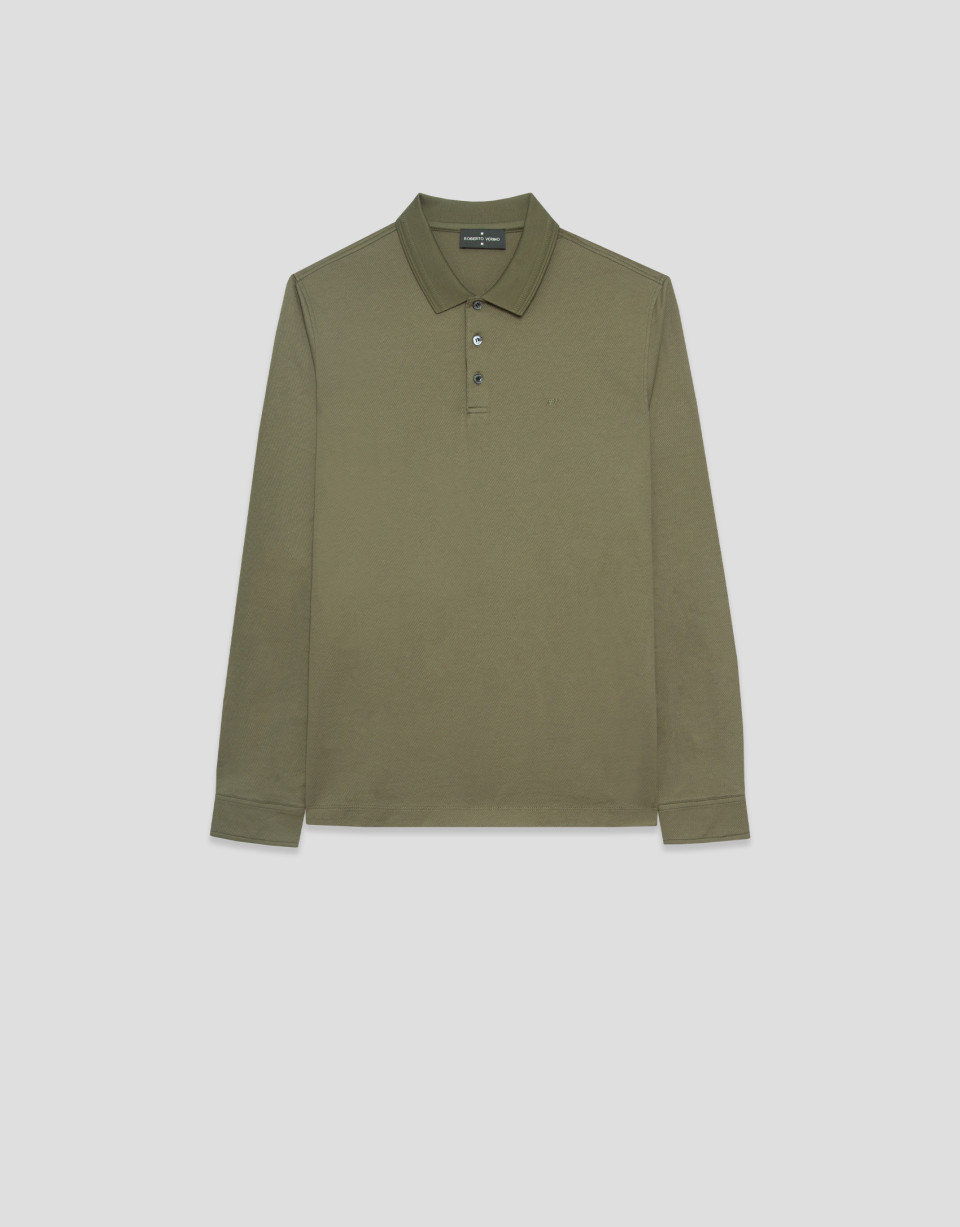 Olive toned jacquard long sleeve polo shirt | Roberto Verino