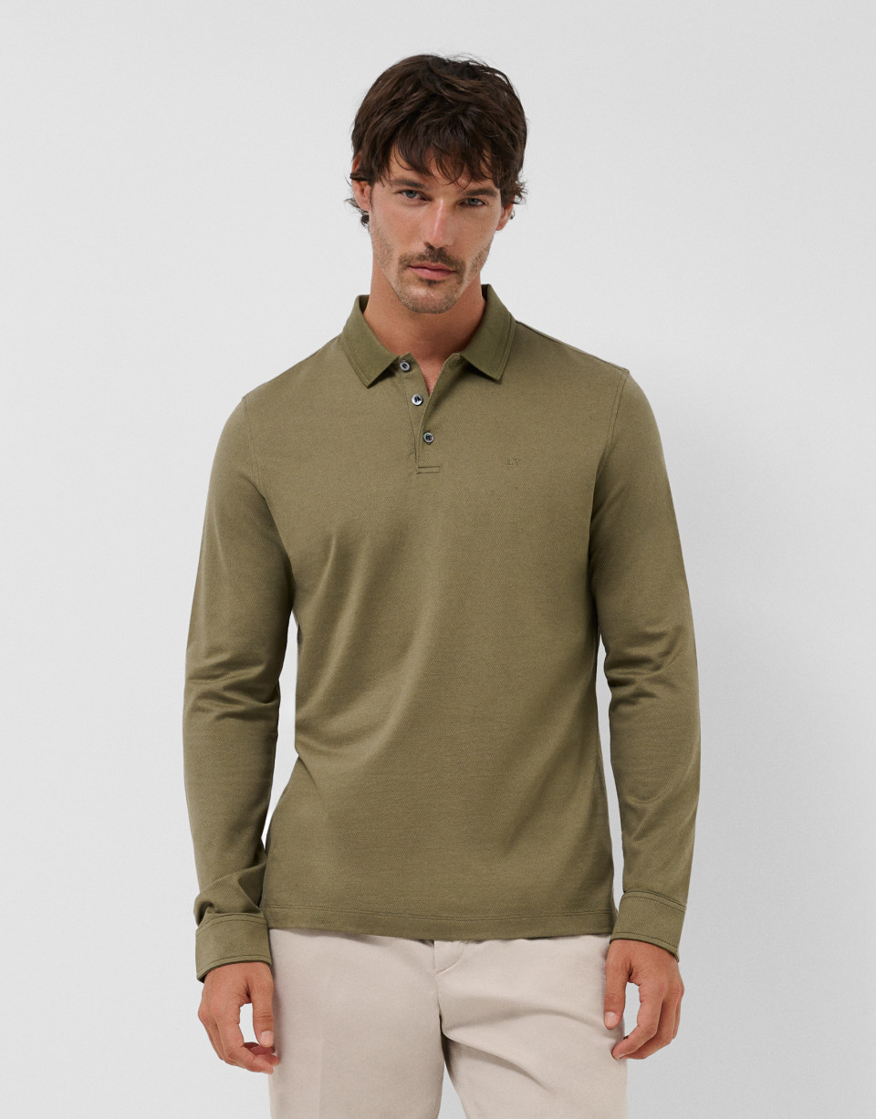 Olive toned jacquard long sleeve polo shirt | Roberto Verino