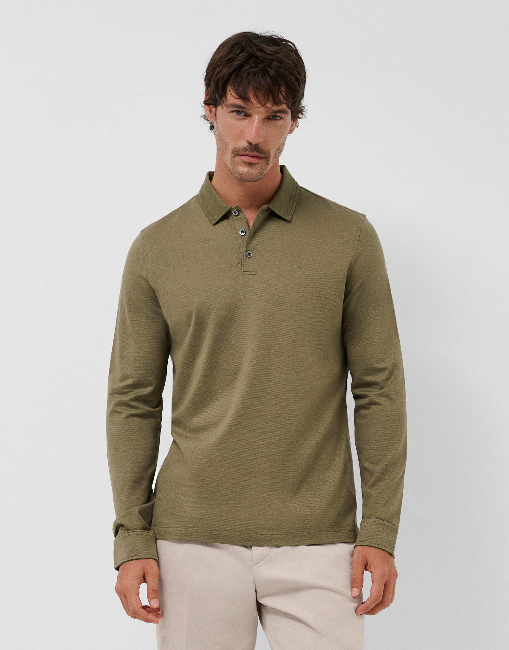 Olive toned jacquard long sleeve polo shirt | Roberto Verino